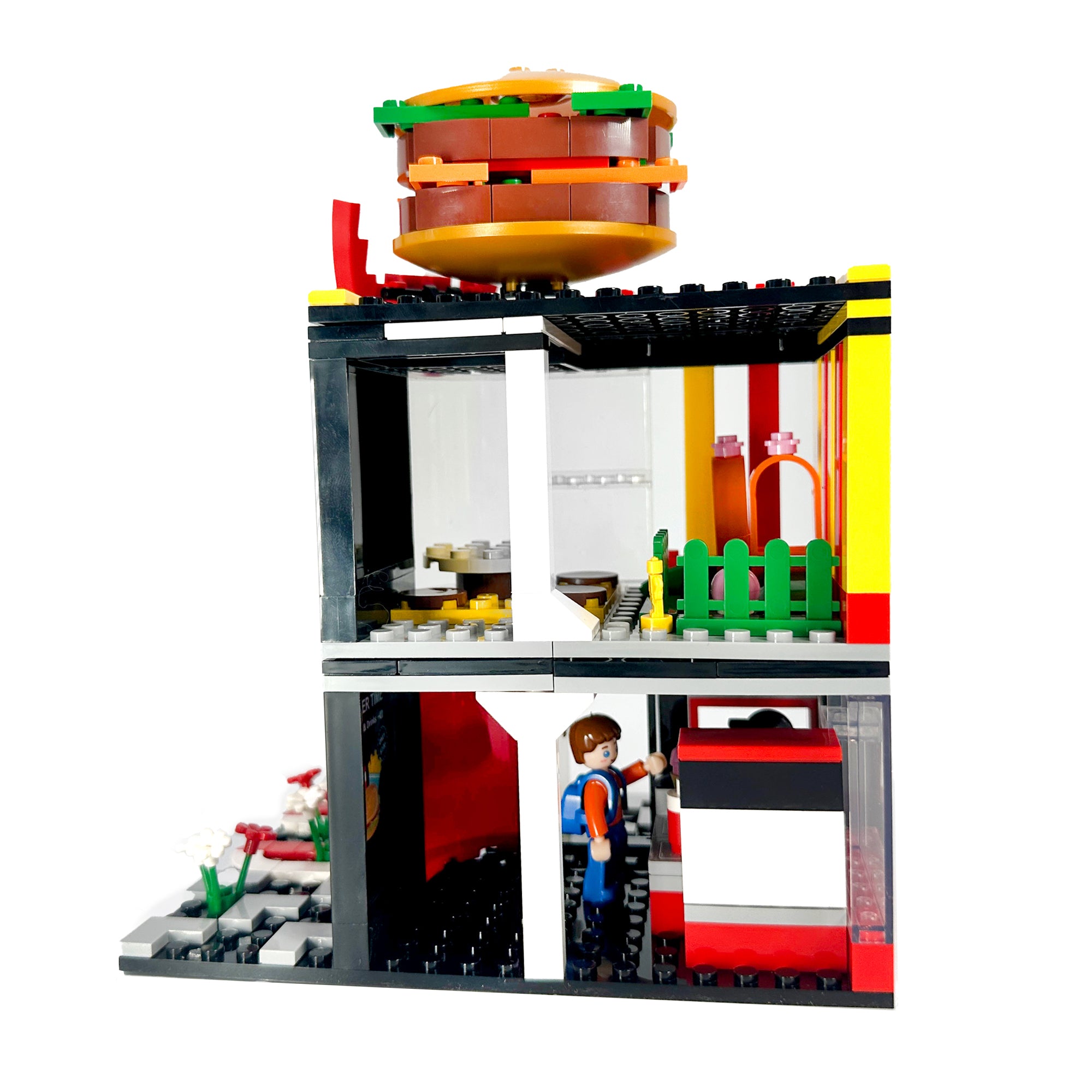 Left side view of colorful Wacky's Burger restaurant building blocks set