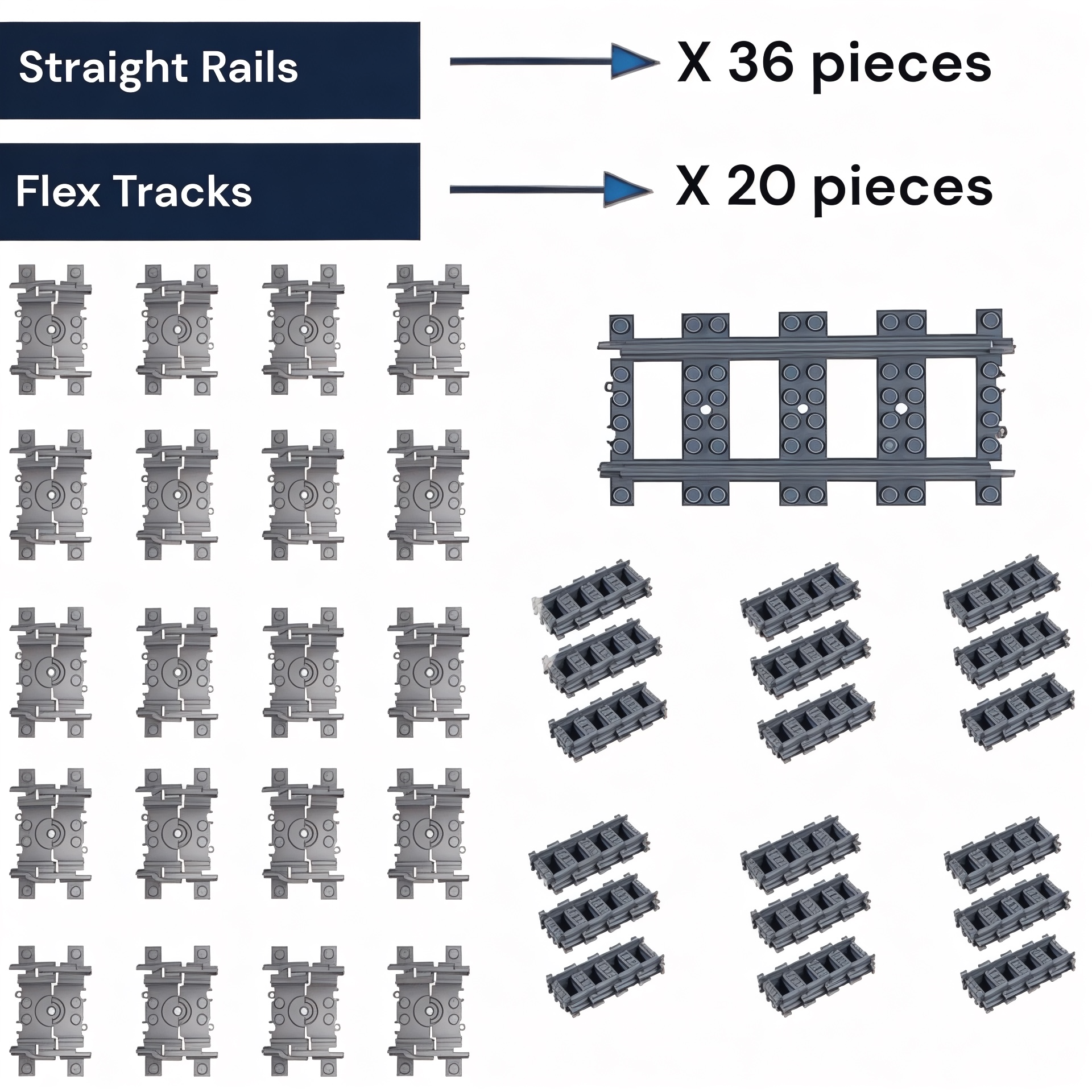 Railway Track Expansion Pack – 56 Pieces (36 Straight + 20 Flex Tracks) | General Jim's Toys & Bricks| GJA-TTS56