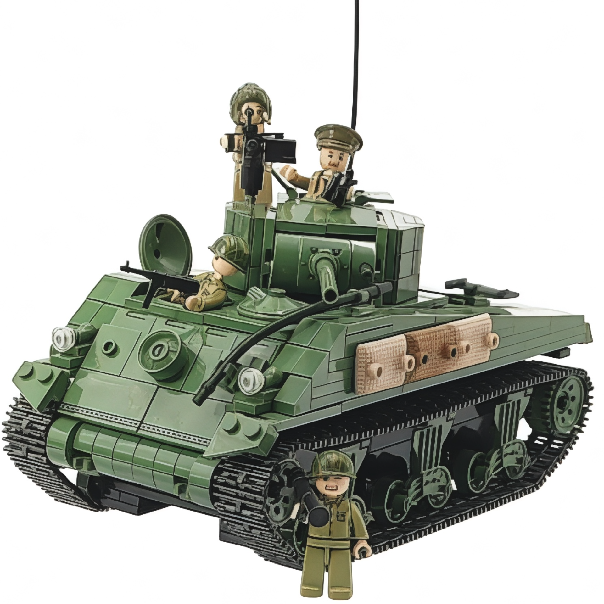 Green tank model with rotating turret and four soldier minifigurines positioned around the vehicle, including one at the mounted machine gun. 