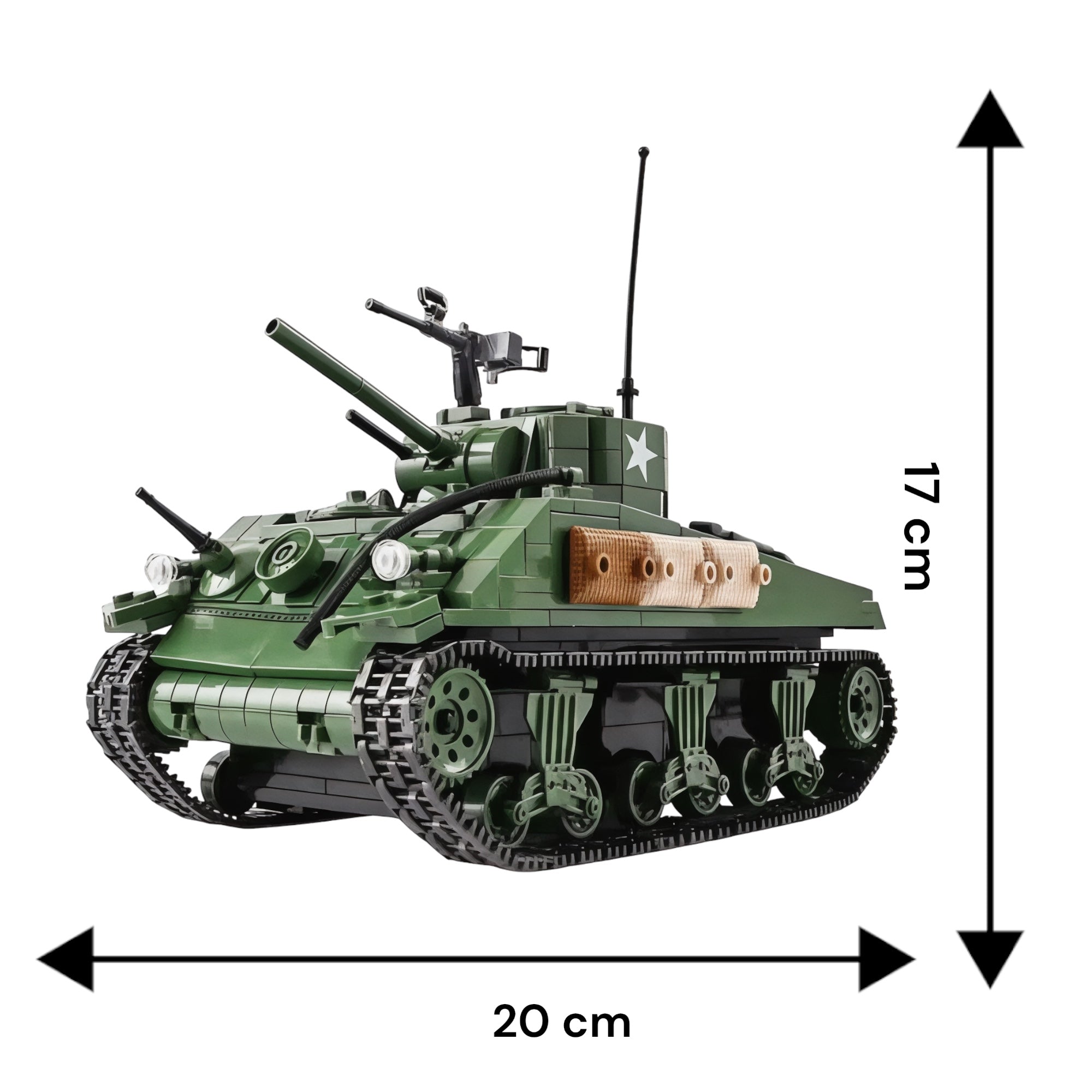 Scale reference image showing the building block tank model’s size at 20 cm long and 17 cm tall, with directional arrows for context. 