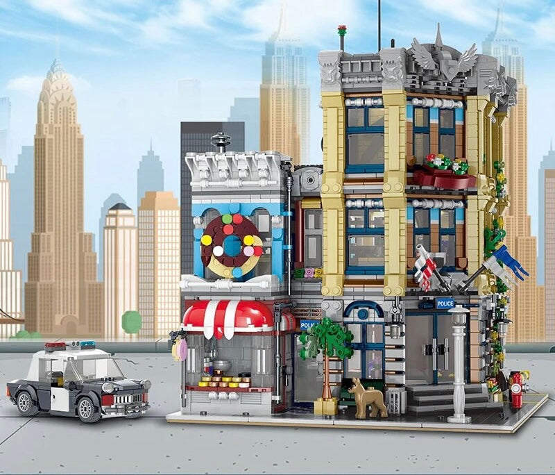 Police Station with Donut Shop Street View Creator Modular City Building Blocks Set | General Jim's Toys
