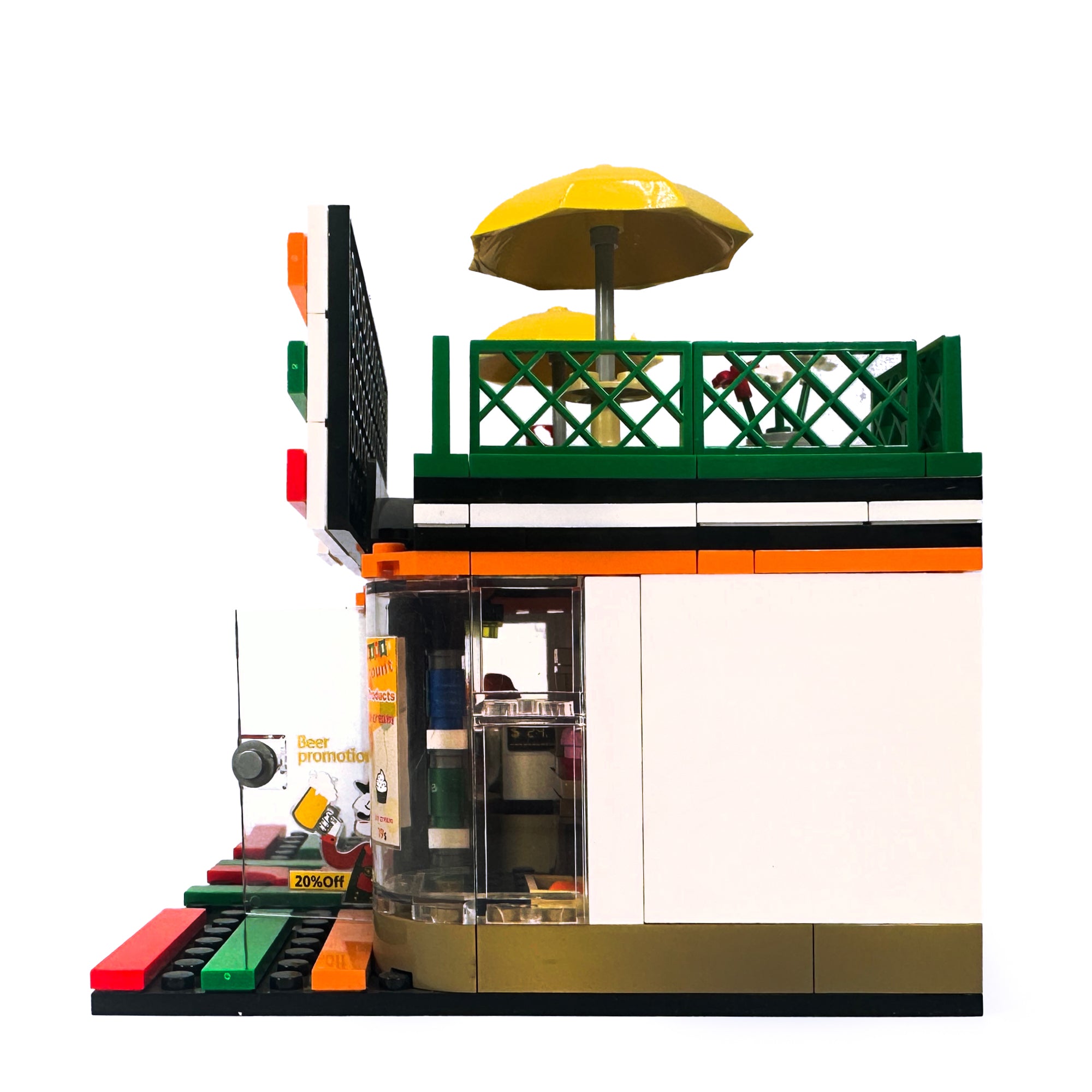 Left side view of Gulp & Go city street corner convenience store with open door