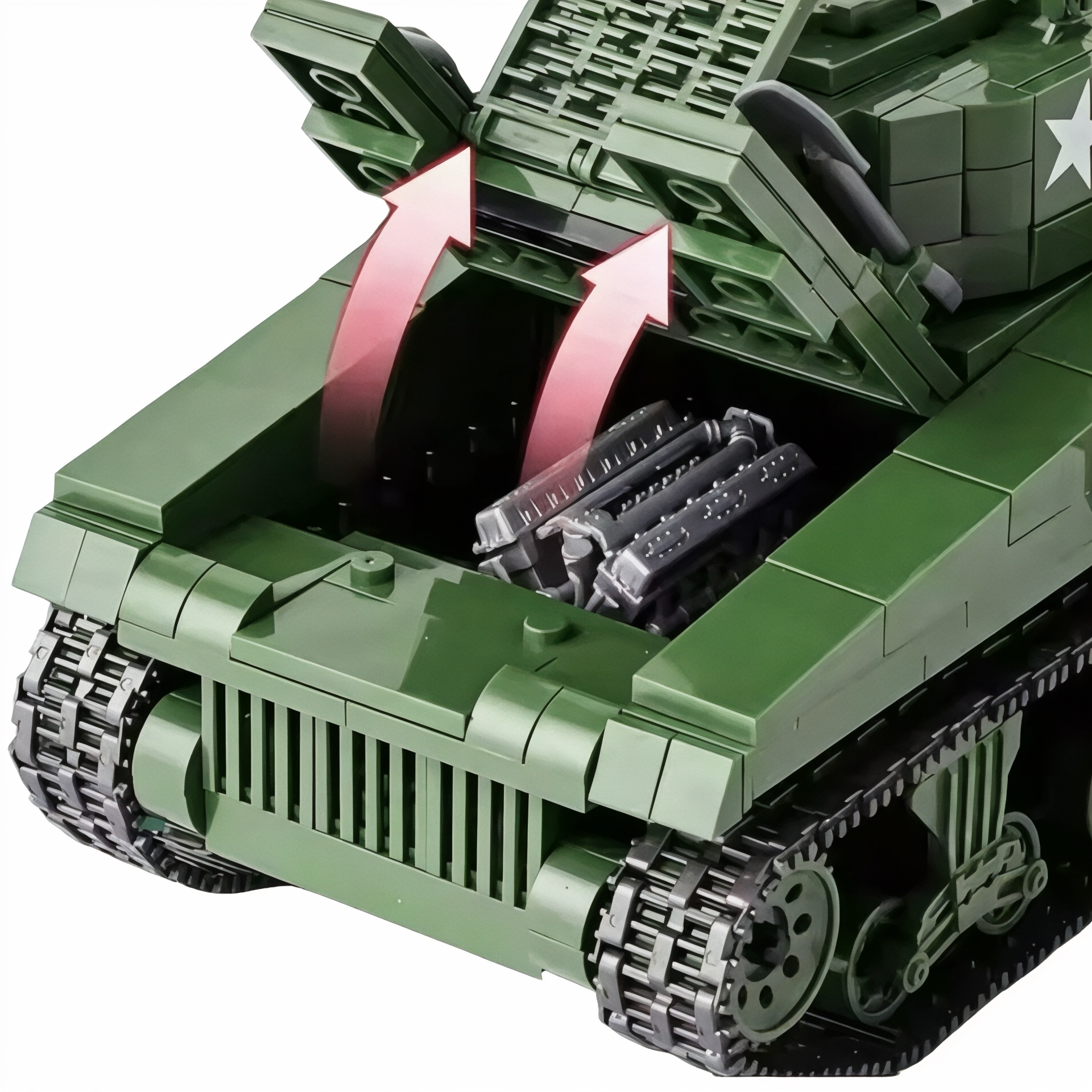 Rear compartment of brick-built tank opens to reveal engine detail with twin cylinder blocks, illustrated by upward arrows. 