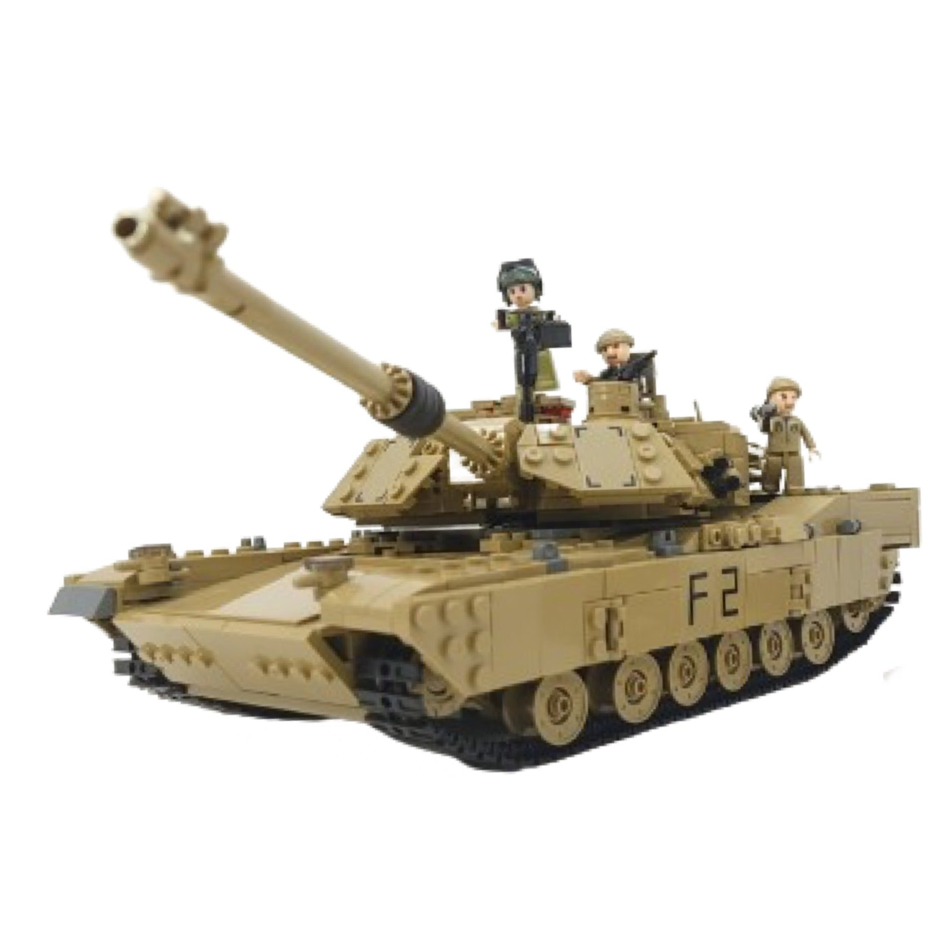 A toy model of a US M1A2 Abrams main battle tank made from building blocks, predominantly beige and brown in color, with figures of crew members on top.
