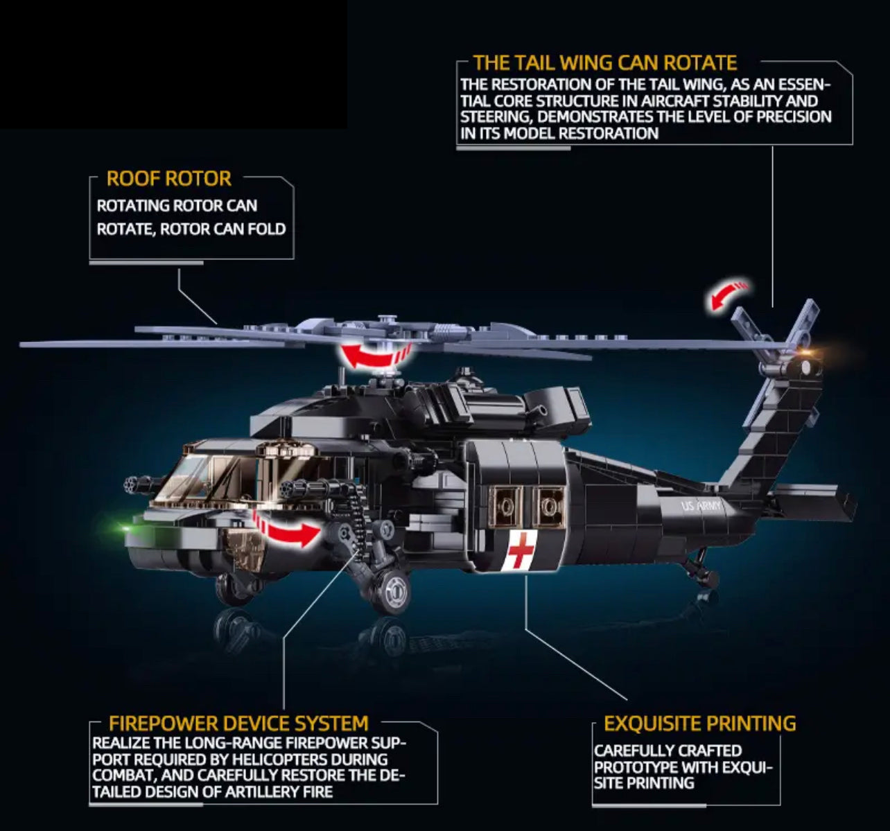 US UH-60 Marine Medical Black Hawk Military Helicopter Building Block Set | General Jim’s Toys & Bricks | GJ-UHBH