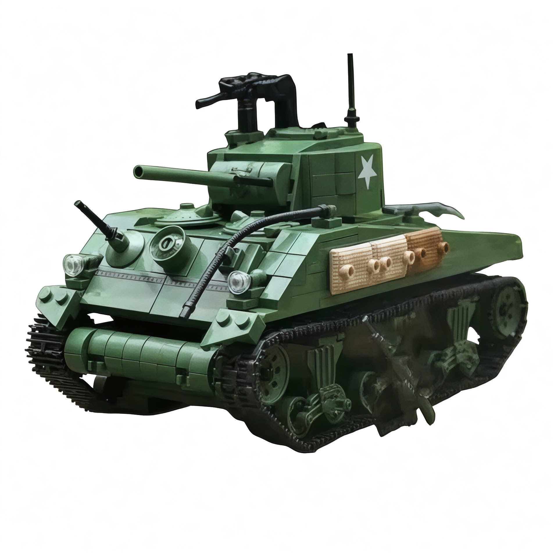 General Jim’s WWII M4A1 Sherman tank display model shown from a front-left angle with cannon extended and antenna raised. 
