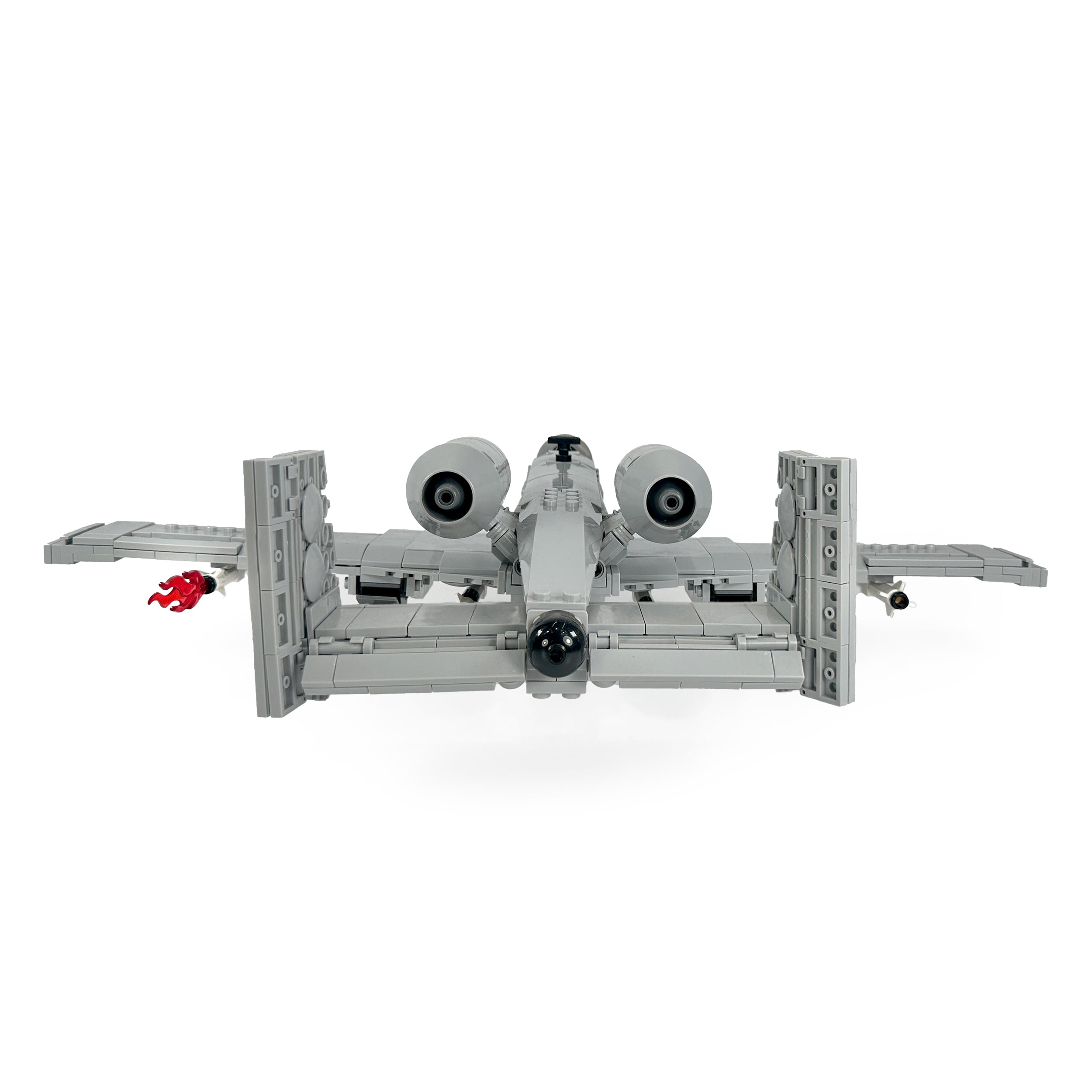 Back view of A-10 model showing twin engine pods and vertical stabilizers. 