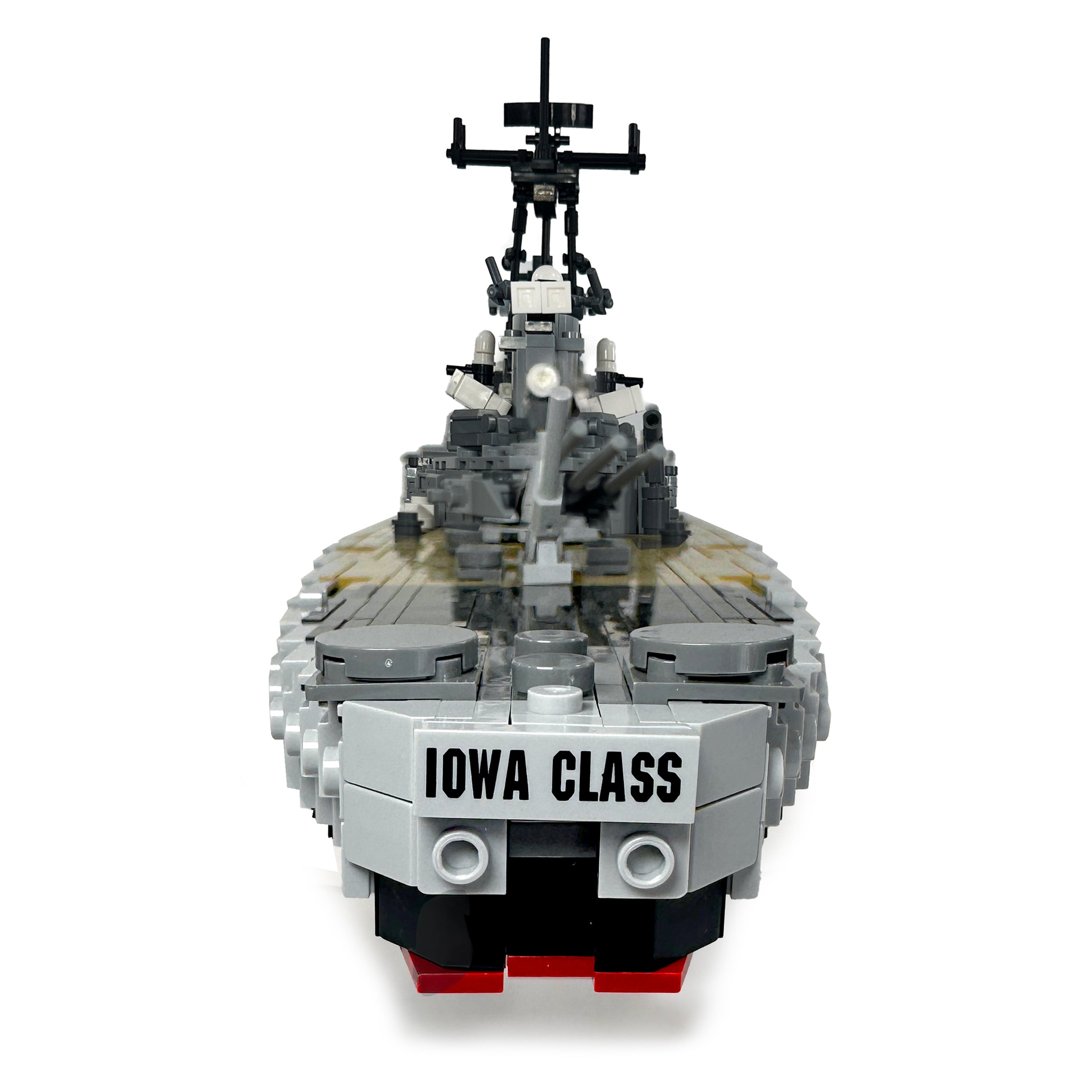 Rear view highlighting Iowa-class battleship propellers, towers, and aft deck