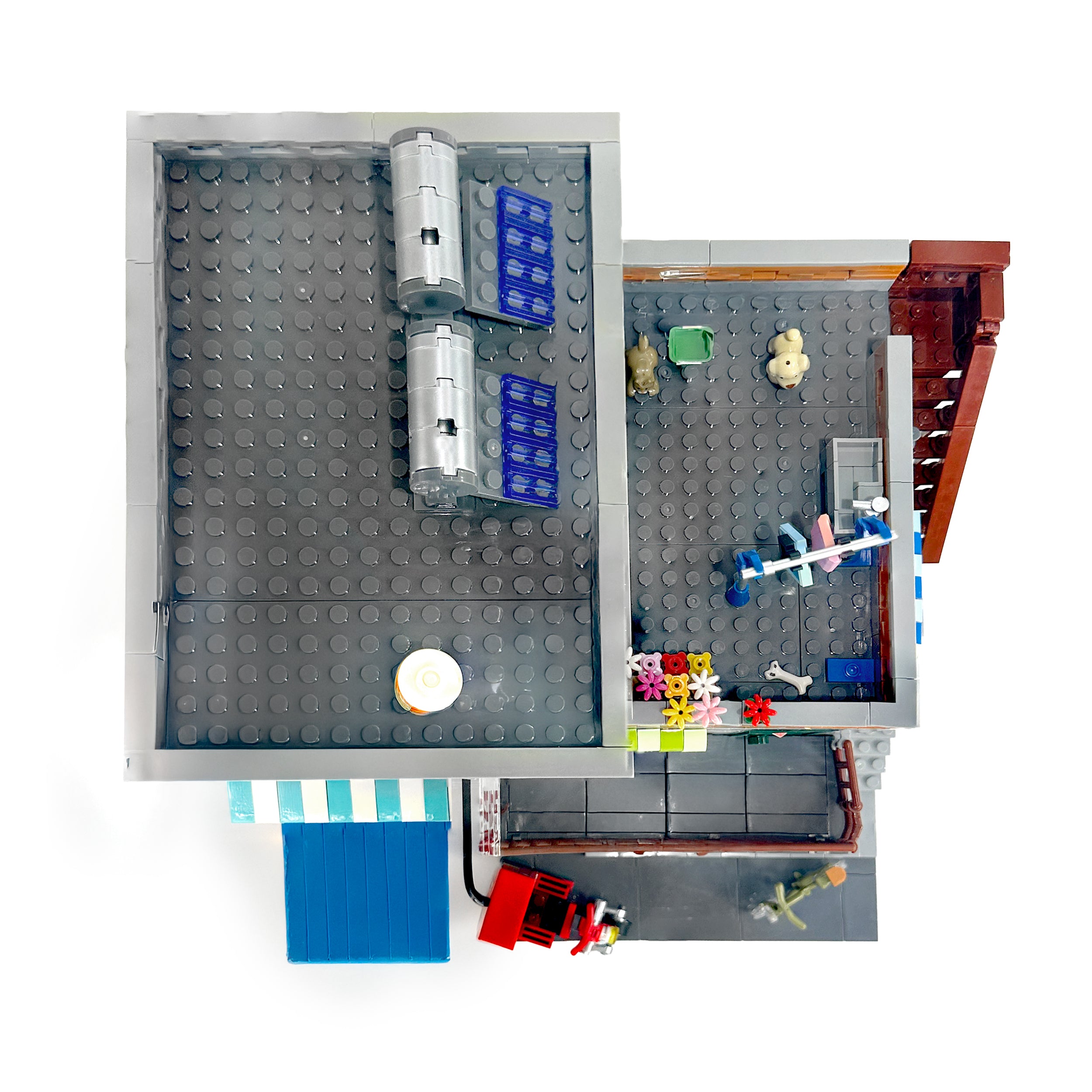Top view of rooftop garden, solar panels, and rooftop utility details