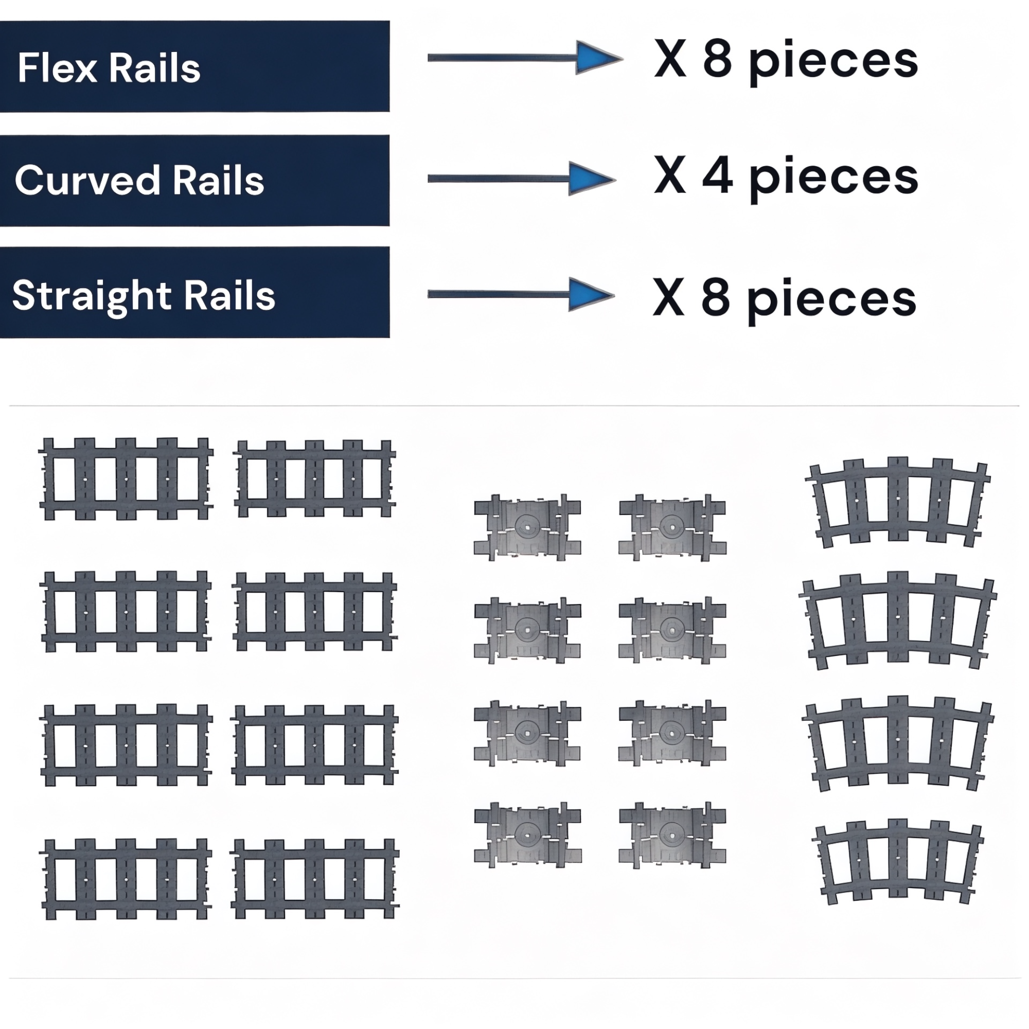 Railway Track Expansion Pack – 20 Pieces (4 Curved + 8 Straight + 8 Flex)| General Jim's Toys & Bricks | GJA-TTS20