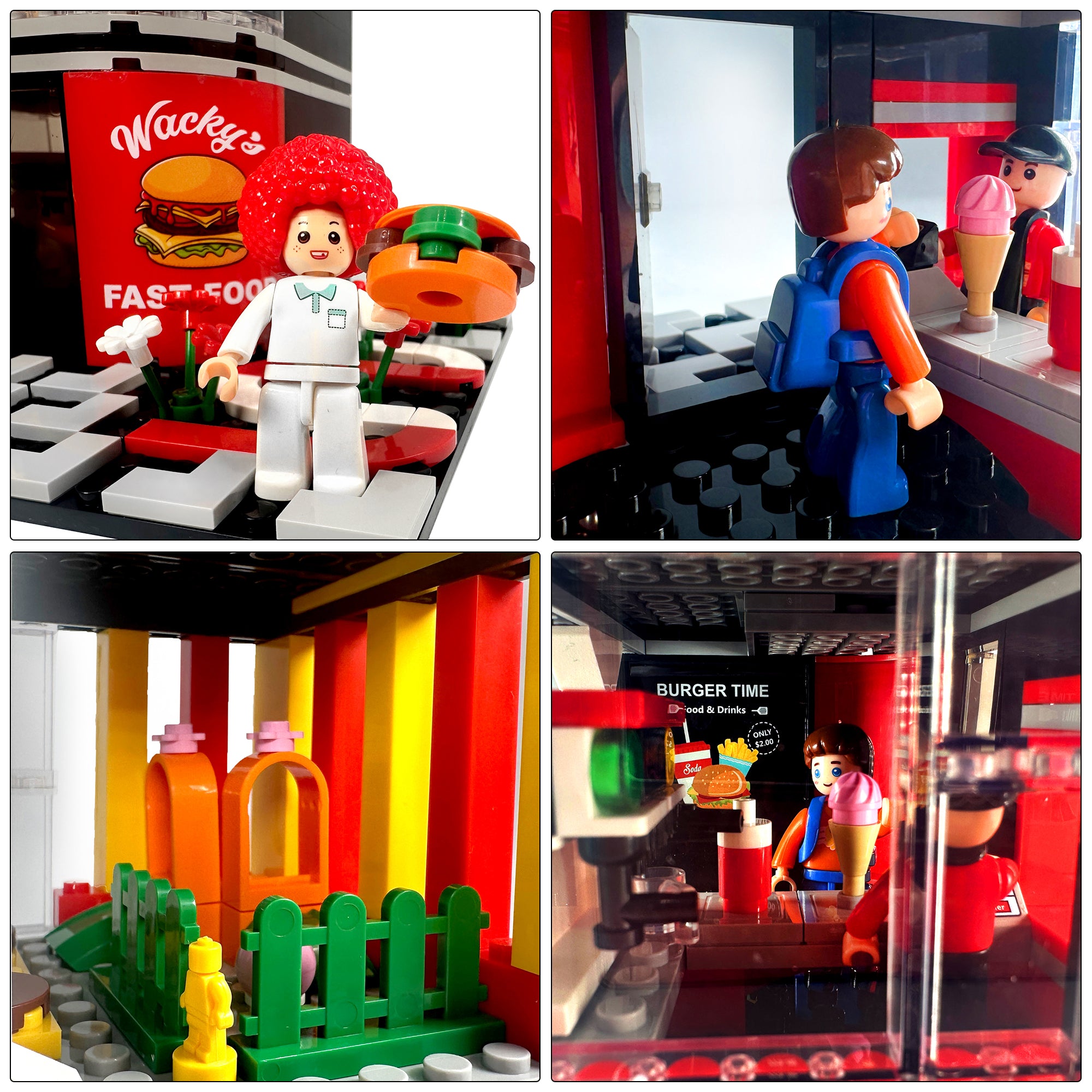 4-up collage highlighting play-place, counter area, and included figurines in Wacky's building set