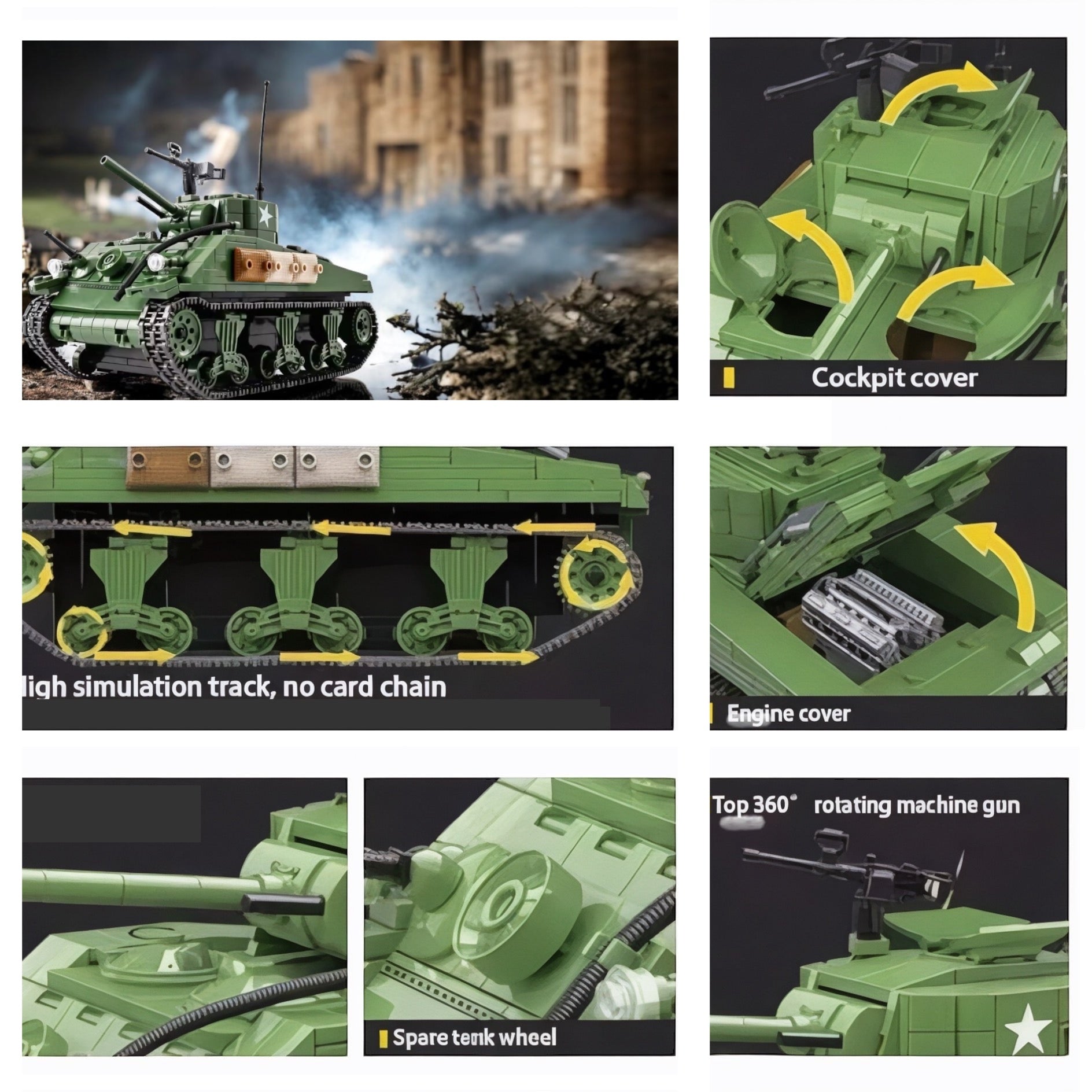 Collage of the M4A1 Sherman tank interlocking brick set highlighting its movable cockpit hatch, rotating machine gun, opening engine bay, realistic track system, spare wheel, and battlefield diorama background. 