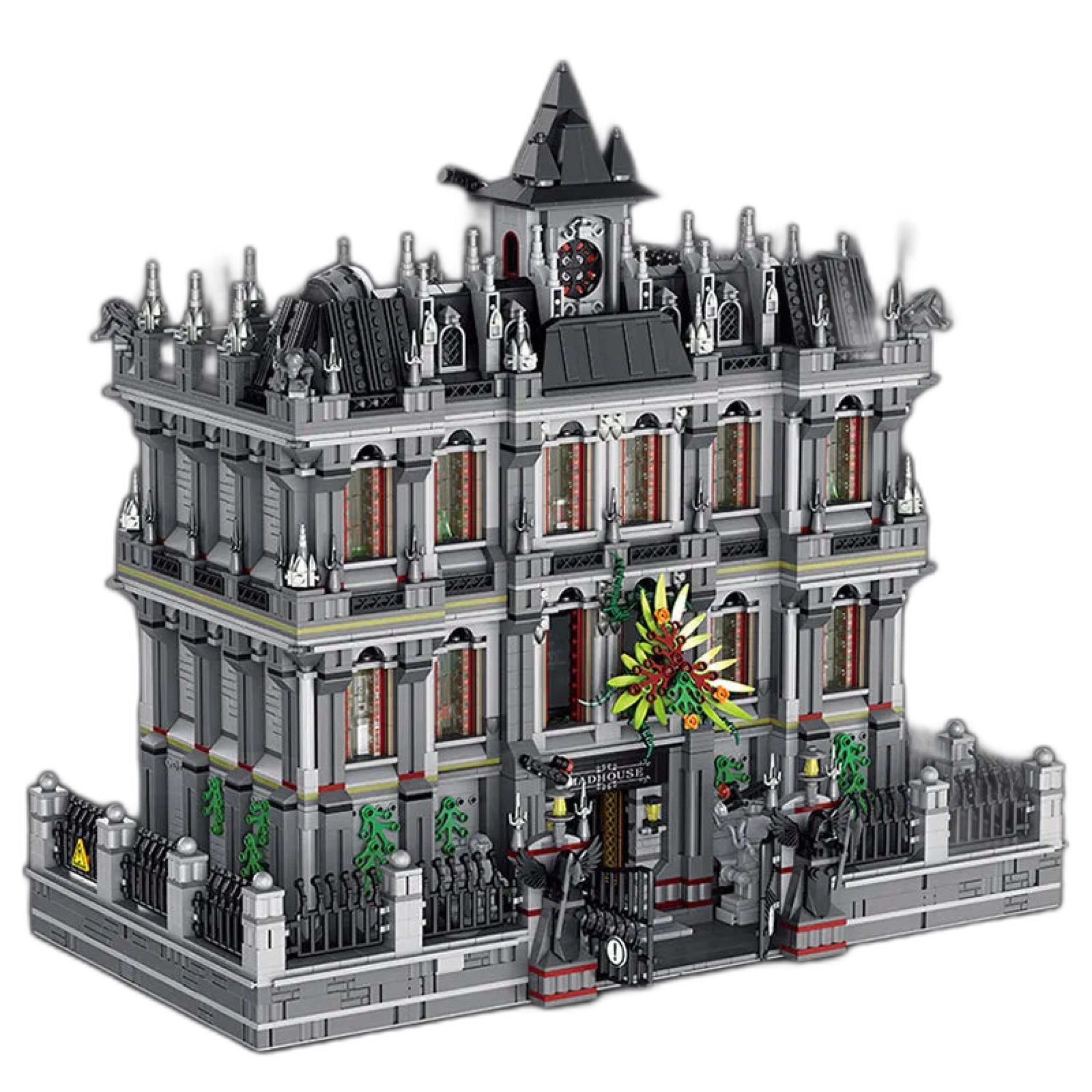 A detailed image of a 3-level modular building block set designed to resemble a lunatic asylum hospital, with intricate decorations and lighting.