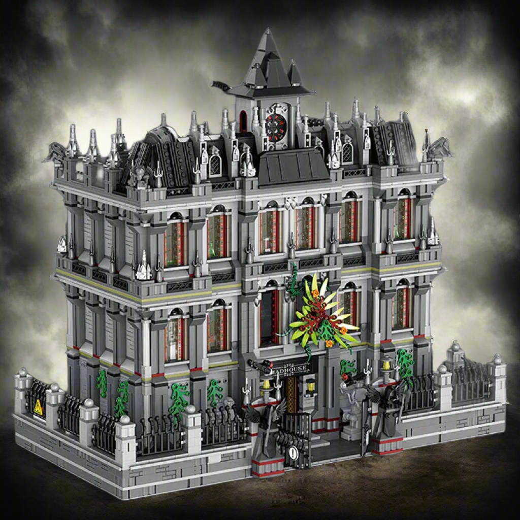 General Jim's 3-Level Lunatic Asylum Hospital Building Blocks Set  with ornate decorations and eerie styling.