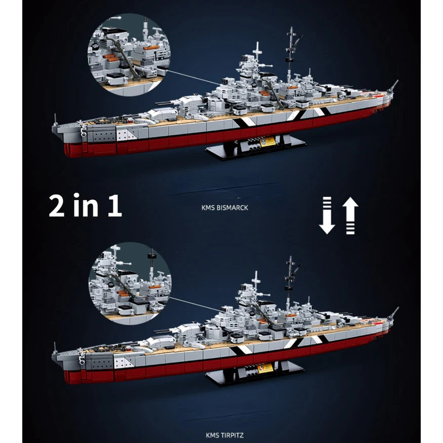 2-in-1 German Bismarck & Tirpitz Battleship Building Block Set | 1,849-Piece Historical Building Block Set | GJ-BIS