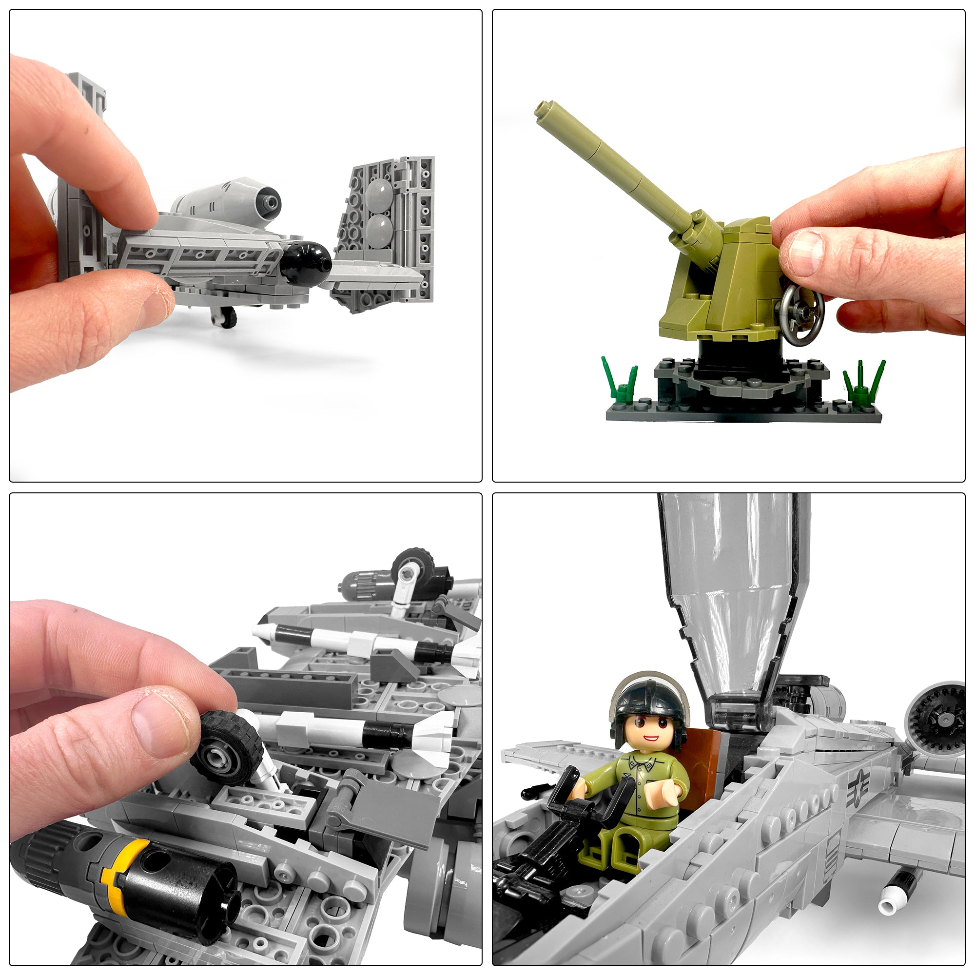 Hands demonstrating rotating elements, landing gear, and cannon features of the A-10 Thunderbolt II building blocks set from General Jim’s. 