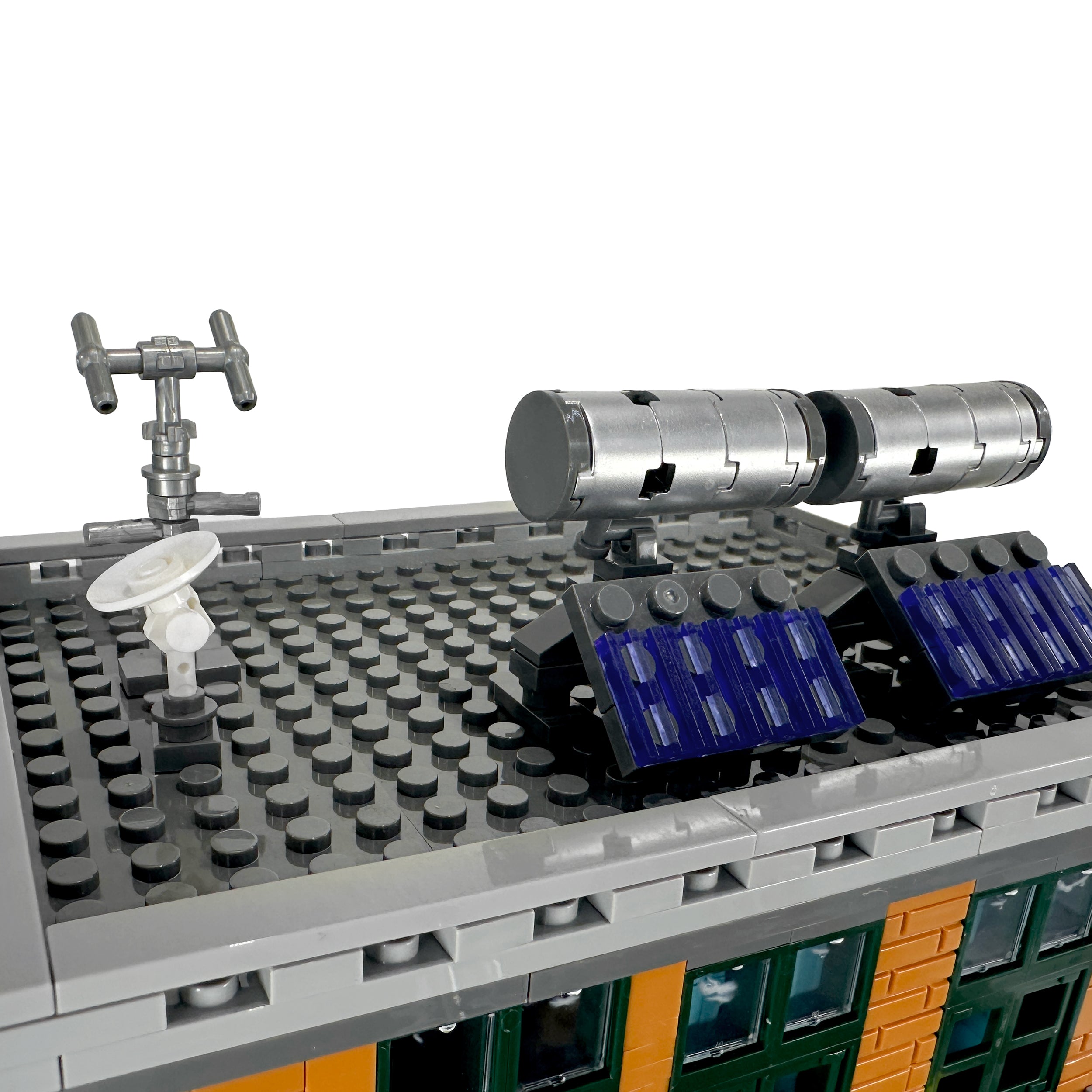 Rooftop detail with solar panels, satellite dish, and rooftop garden setup