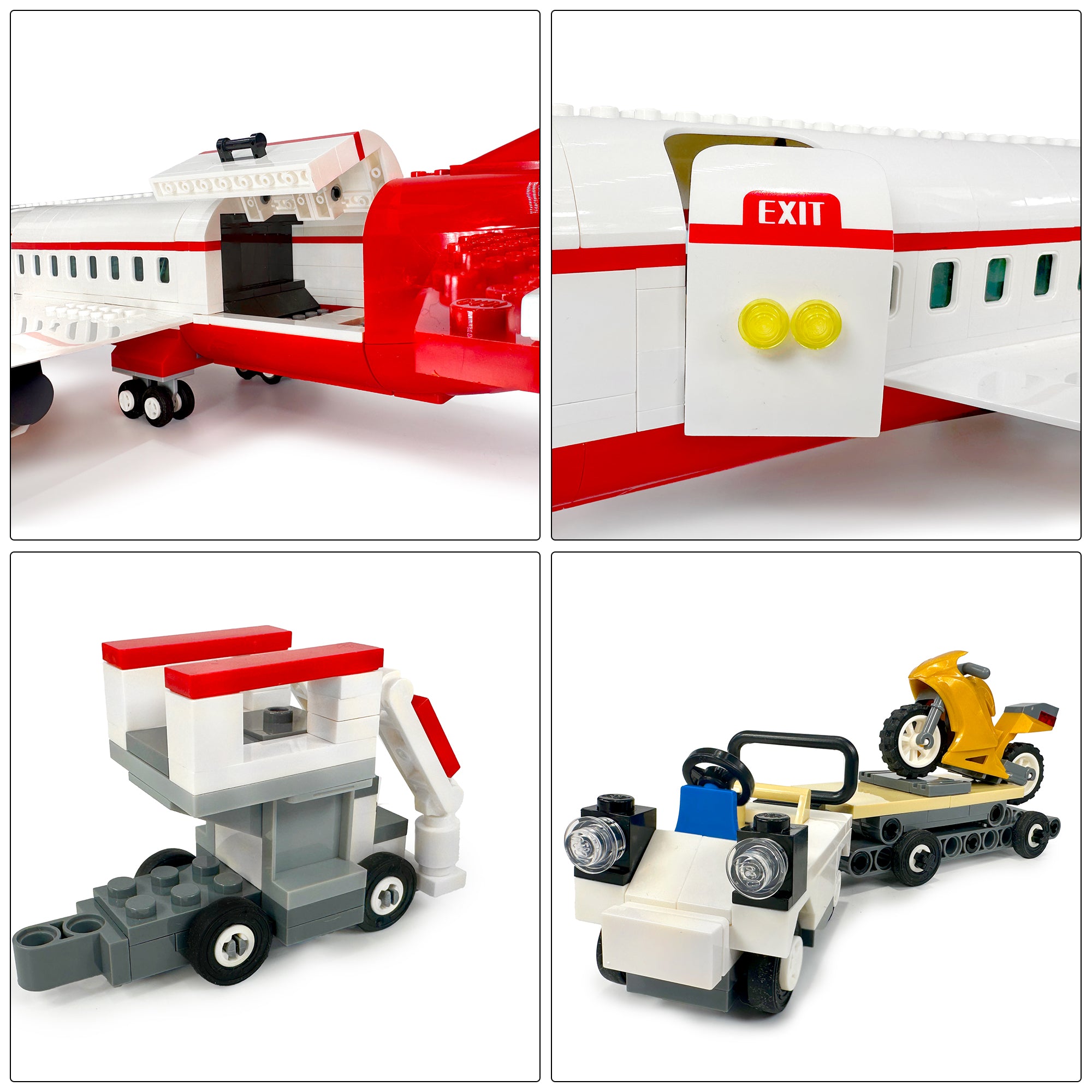 Detail collage showing plane door, emergency exits, baggage vehicle, UTV with trailer and motorcycle