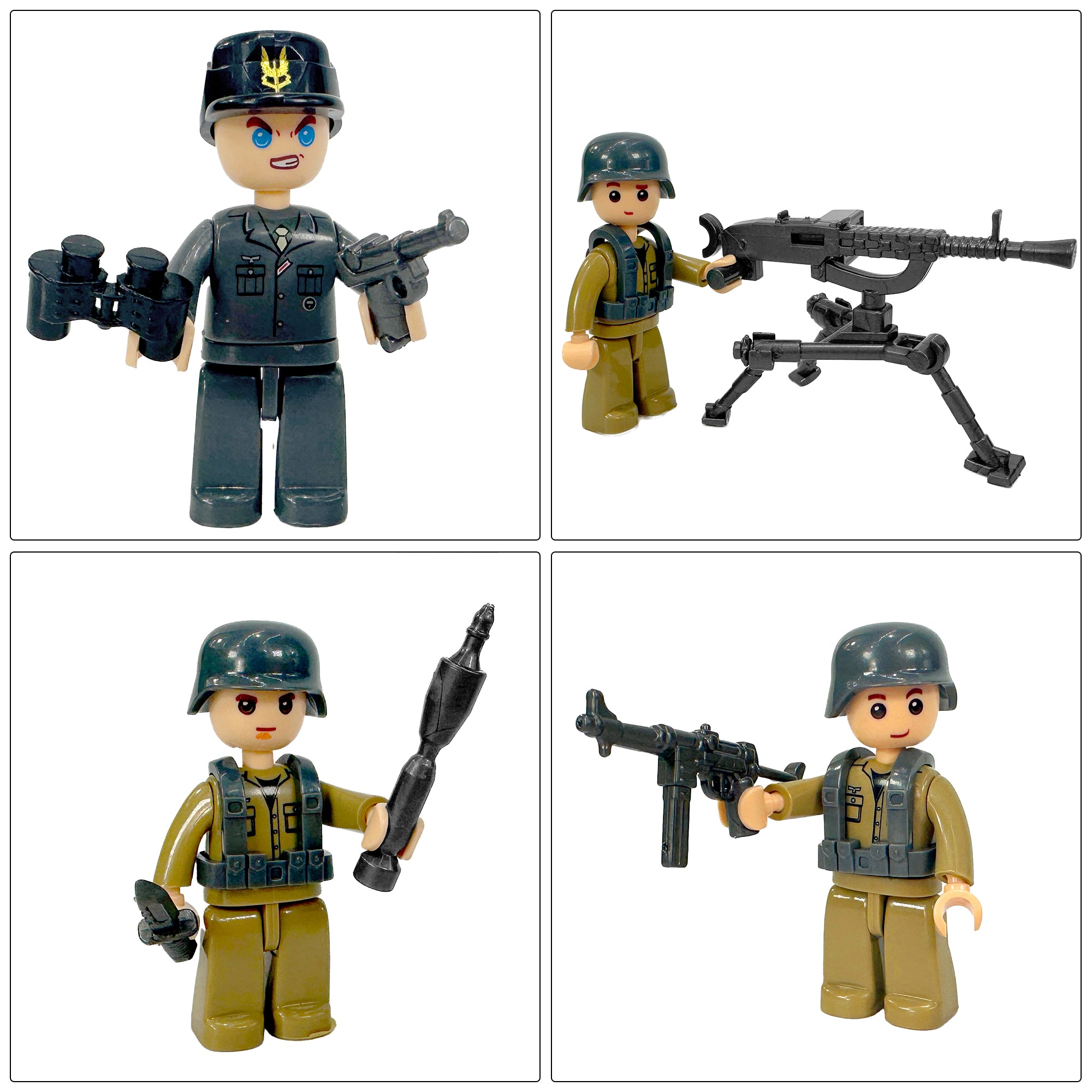 Close-up of four WWII German soldier figures included with Panzer IV building set