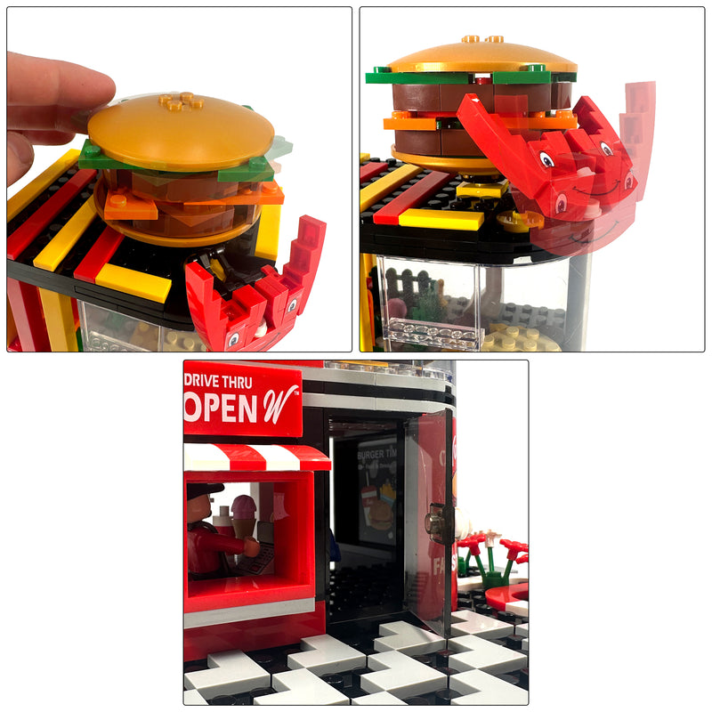3-up collage showing movable features including spinning burger sign and drive-thru window