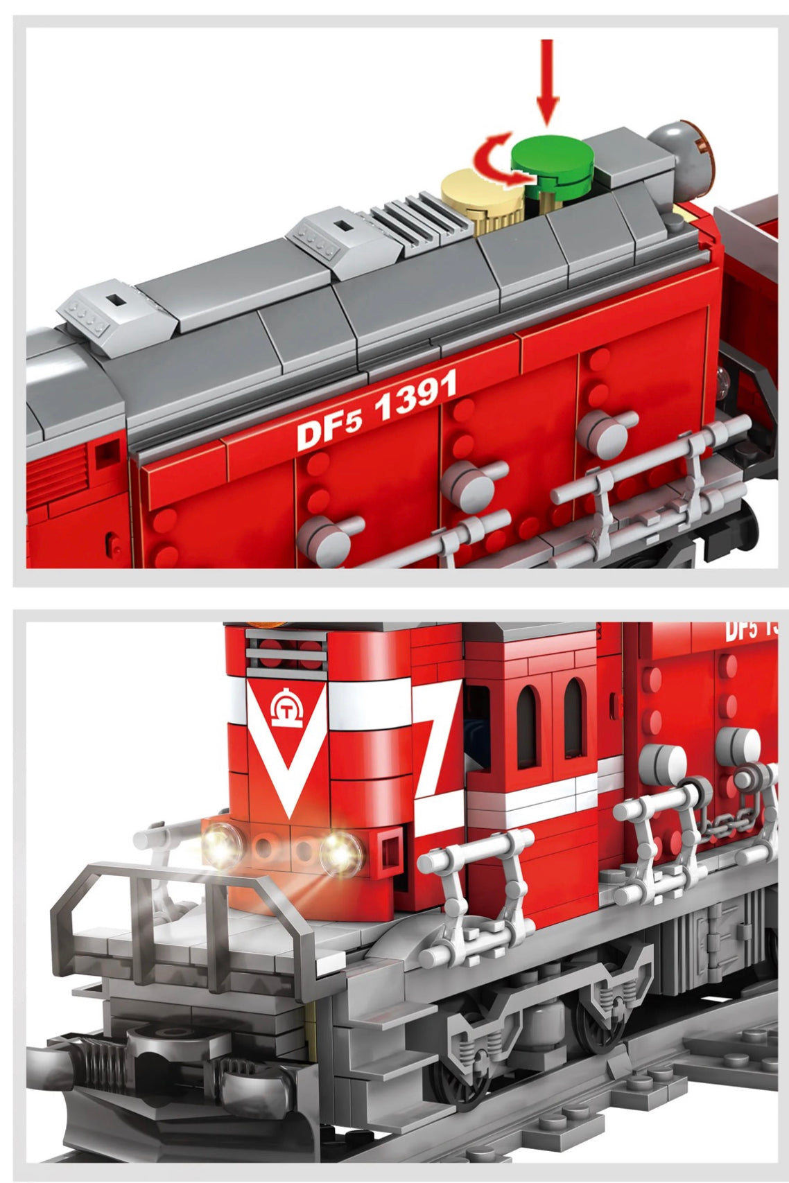 Top view of train engine showing battery compartment and control knobs for power and speed.
