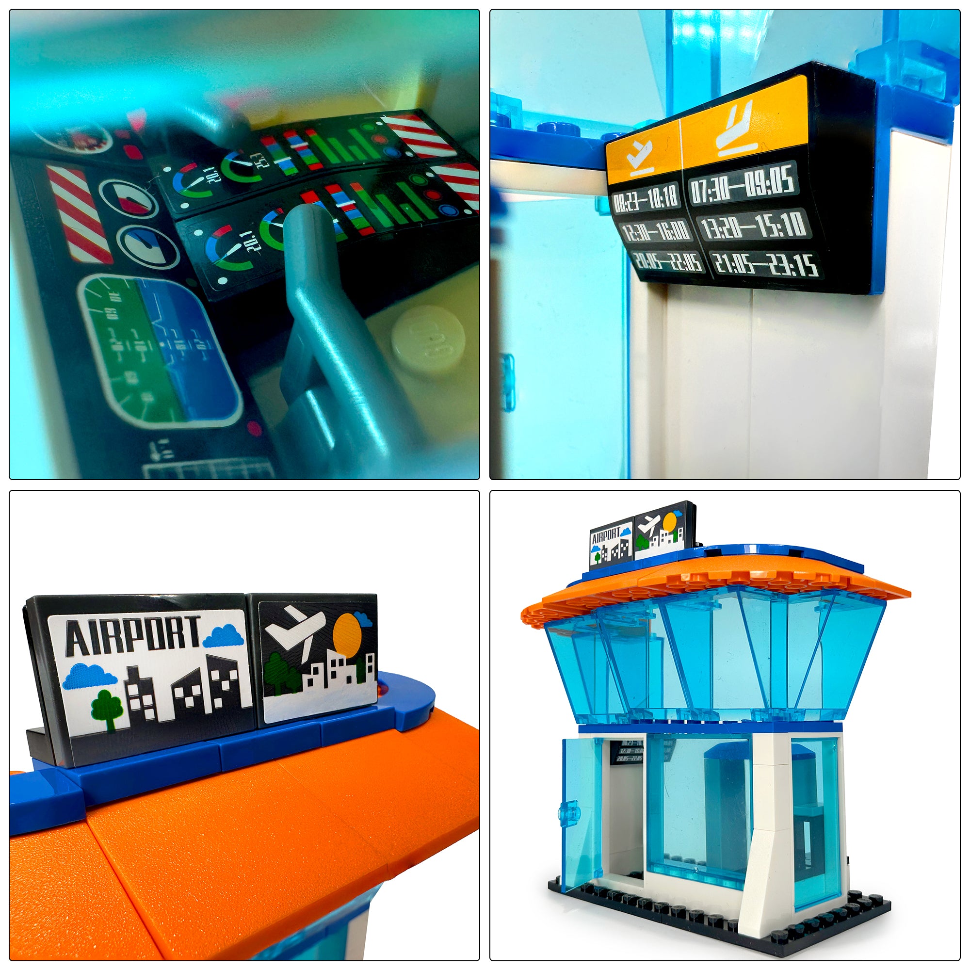 Interior detail collage showing cockpit controls, arrival and departure board, airport sign, and airport entrance