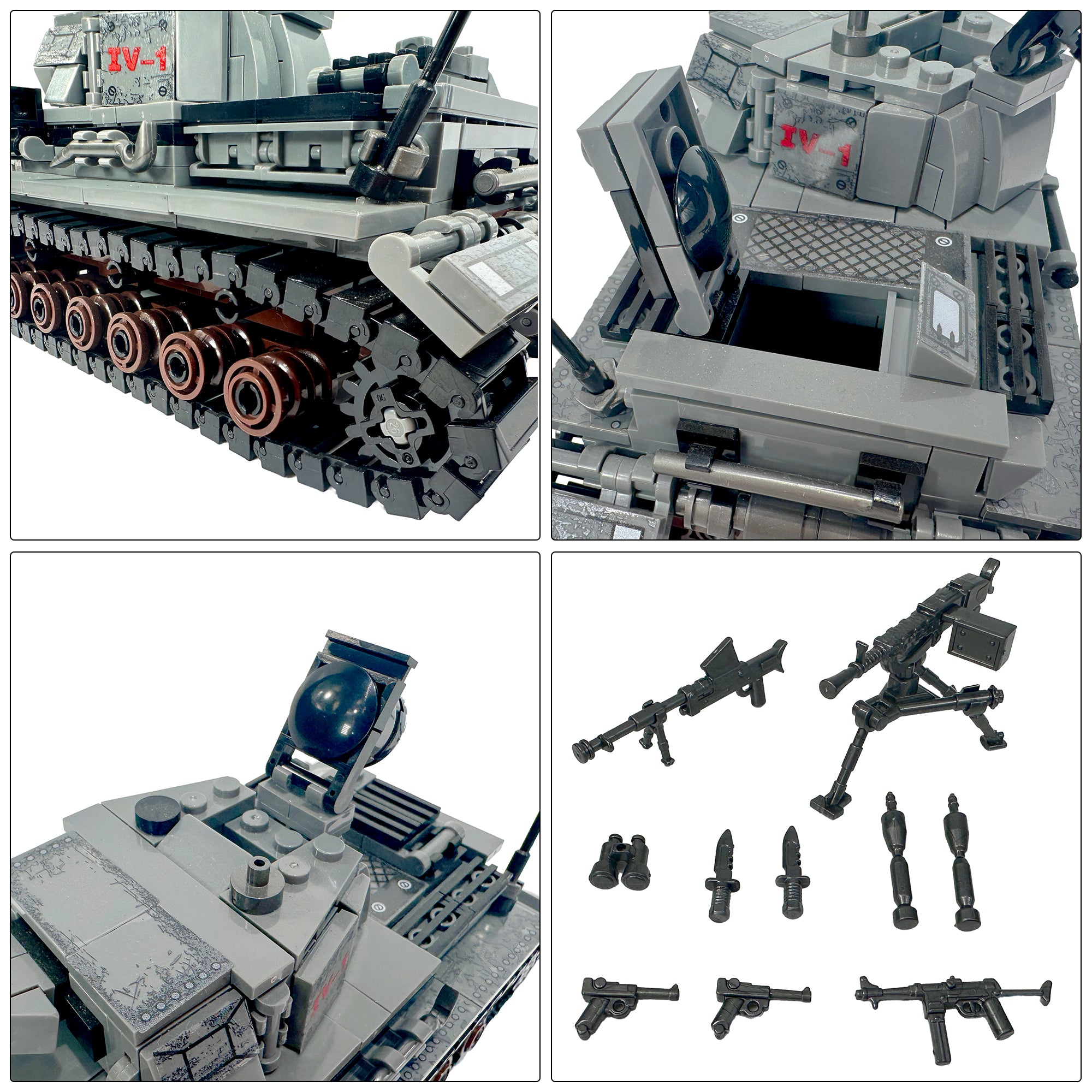 Detailed view of Panzer IV tank turret, tracks, machine guns, and field accessories