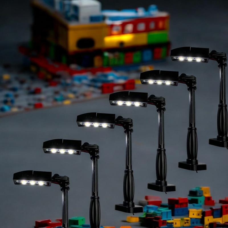 Set of 6 Black Building Block Street Lamps – Detailed, Elegant Accessories for Cityscapes and Dioramas