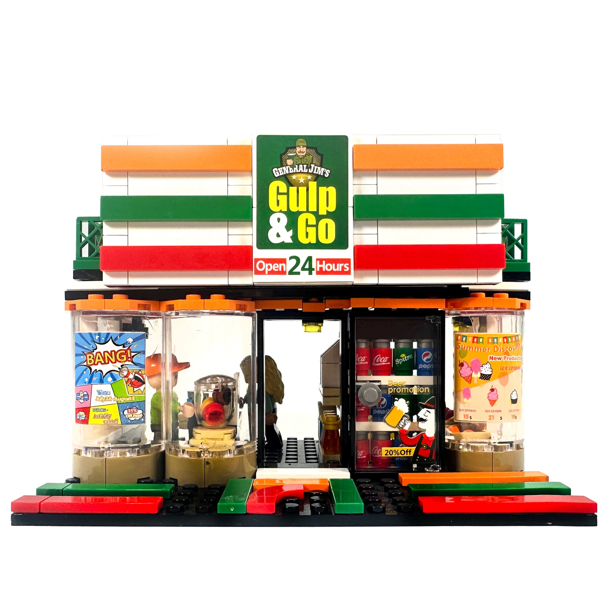 Straight-on front view of Gulp & Go city street entrance and convenience store sign