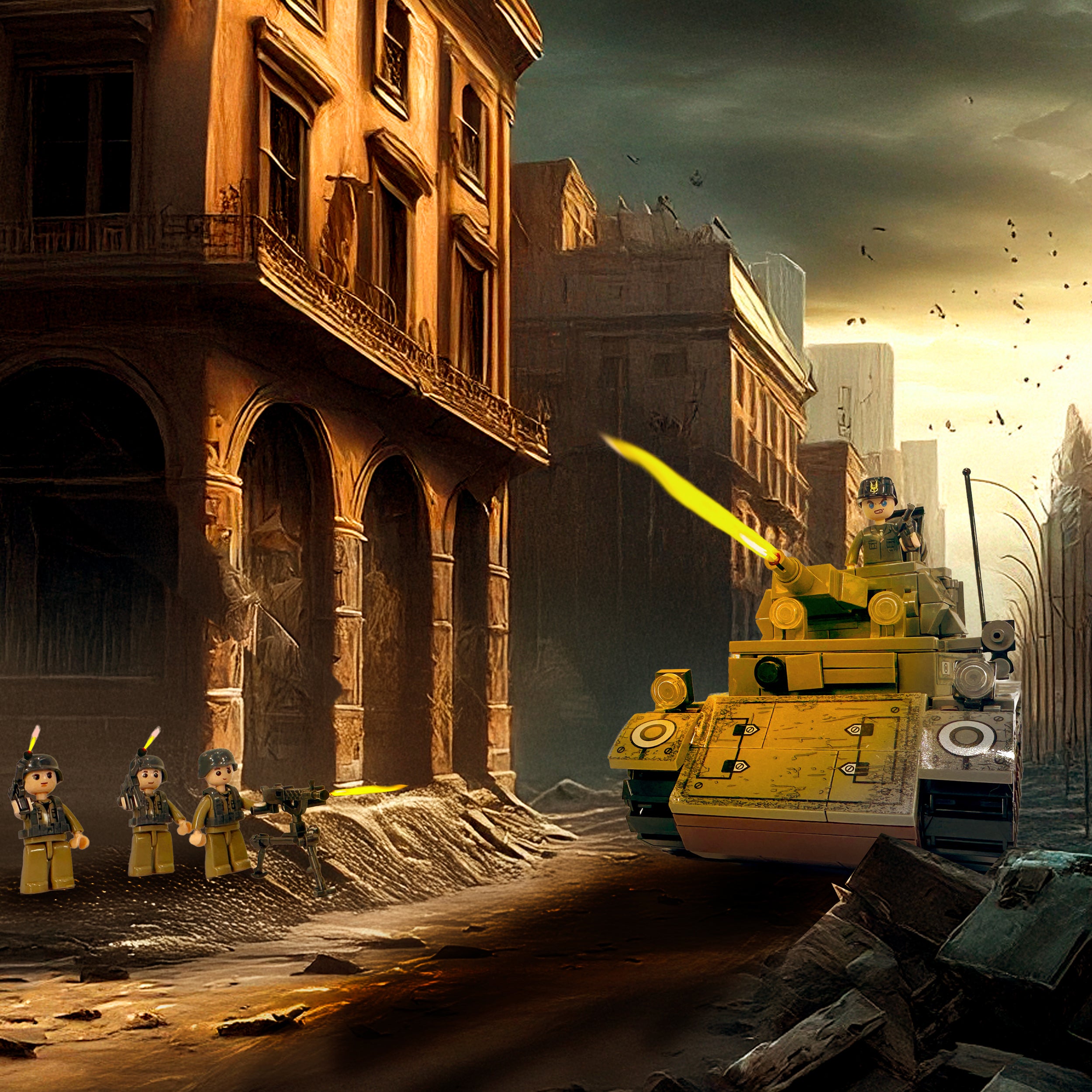 Panzer IV tank positioned in an urban battlefield street diorama during World War II