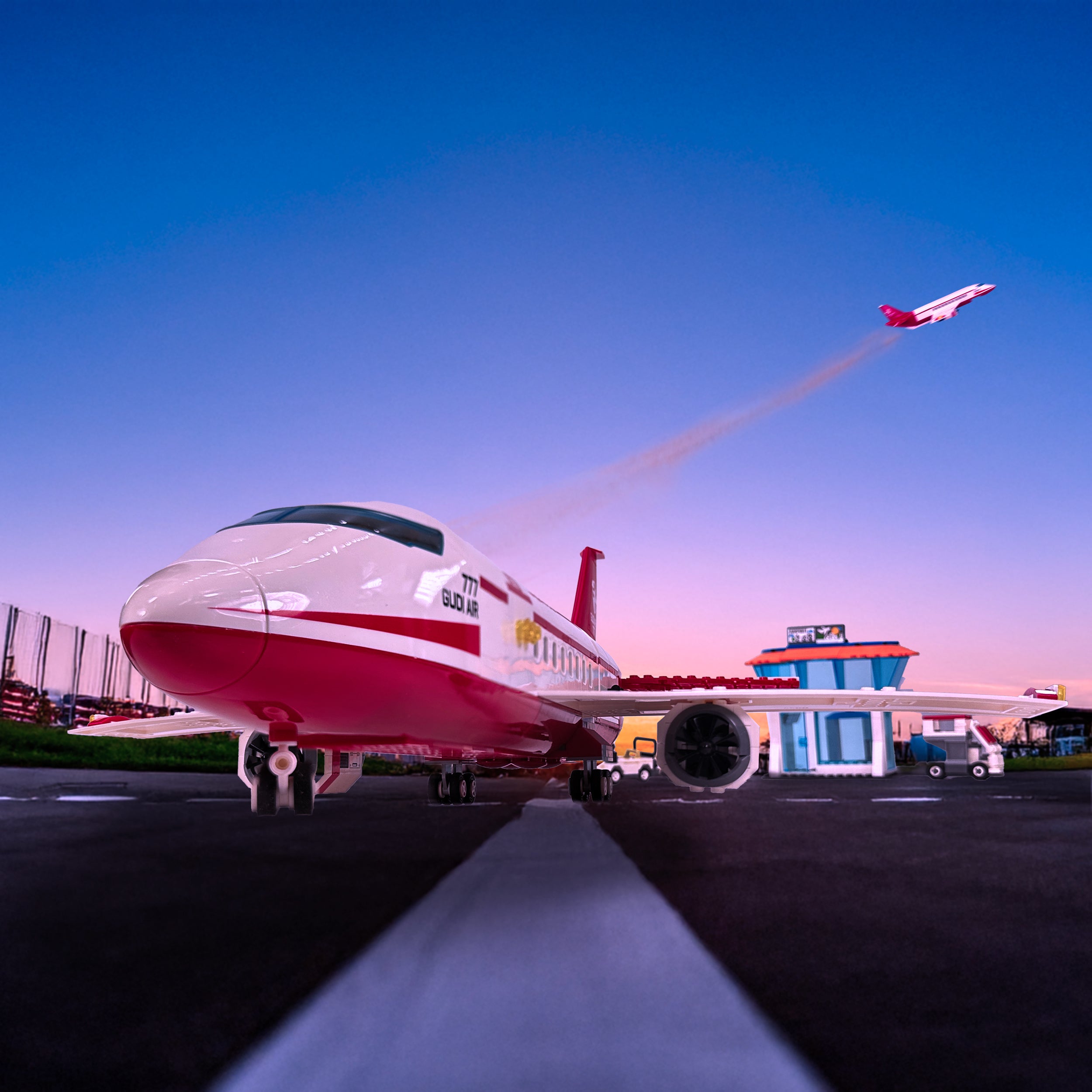 Passenger jet taking off at sunset against a colorful sky background