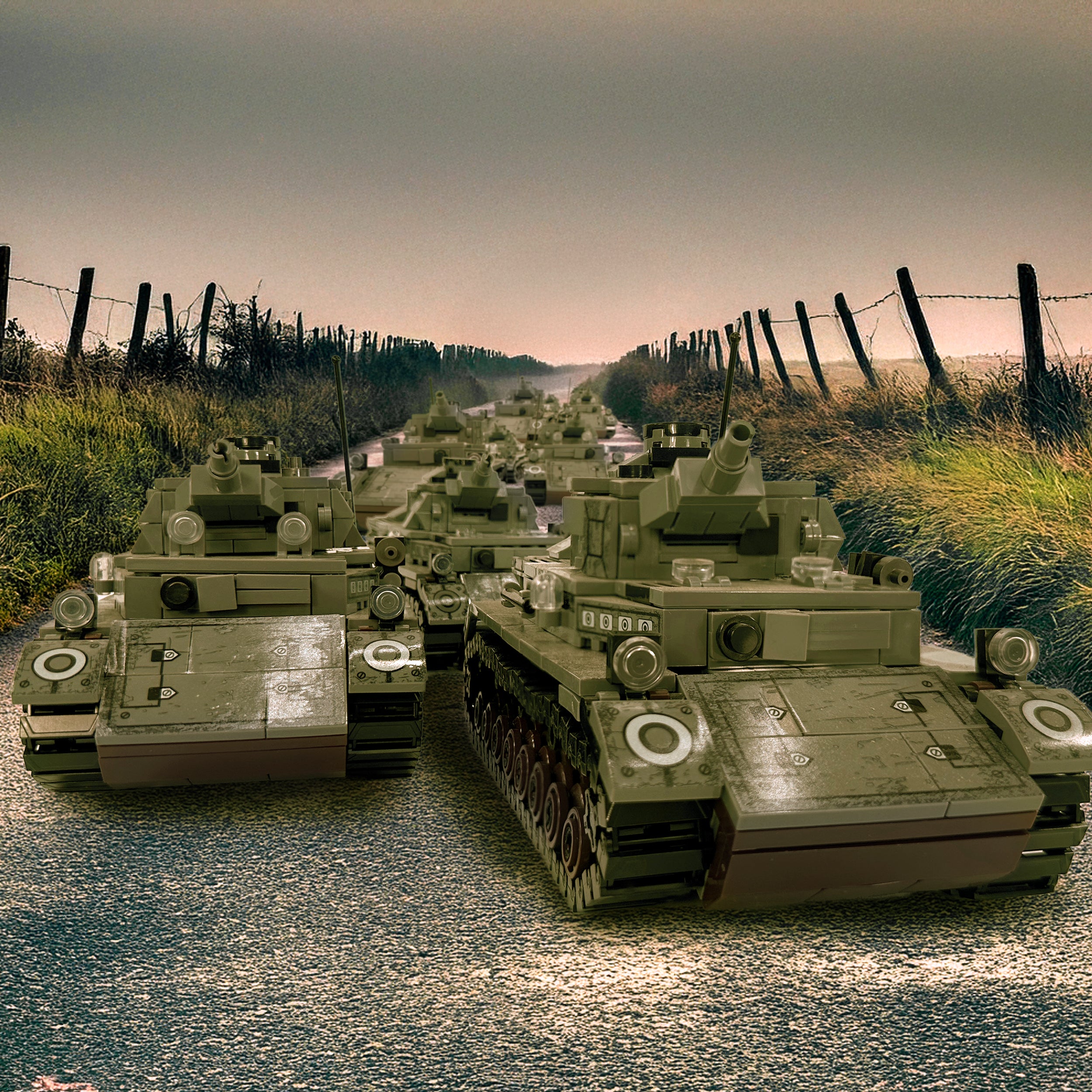 Three Panzer IV tanks moving through rural countryside during historical World War II battle