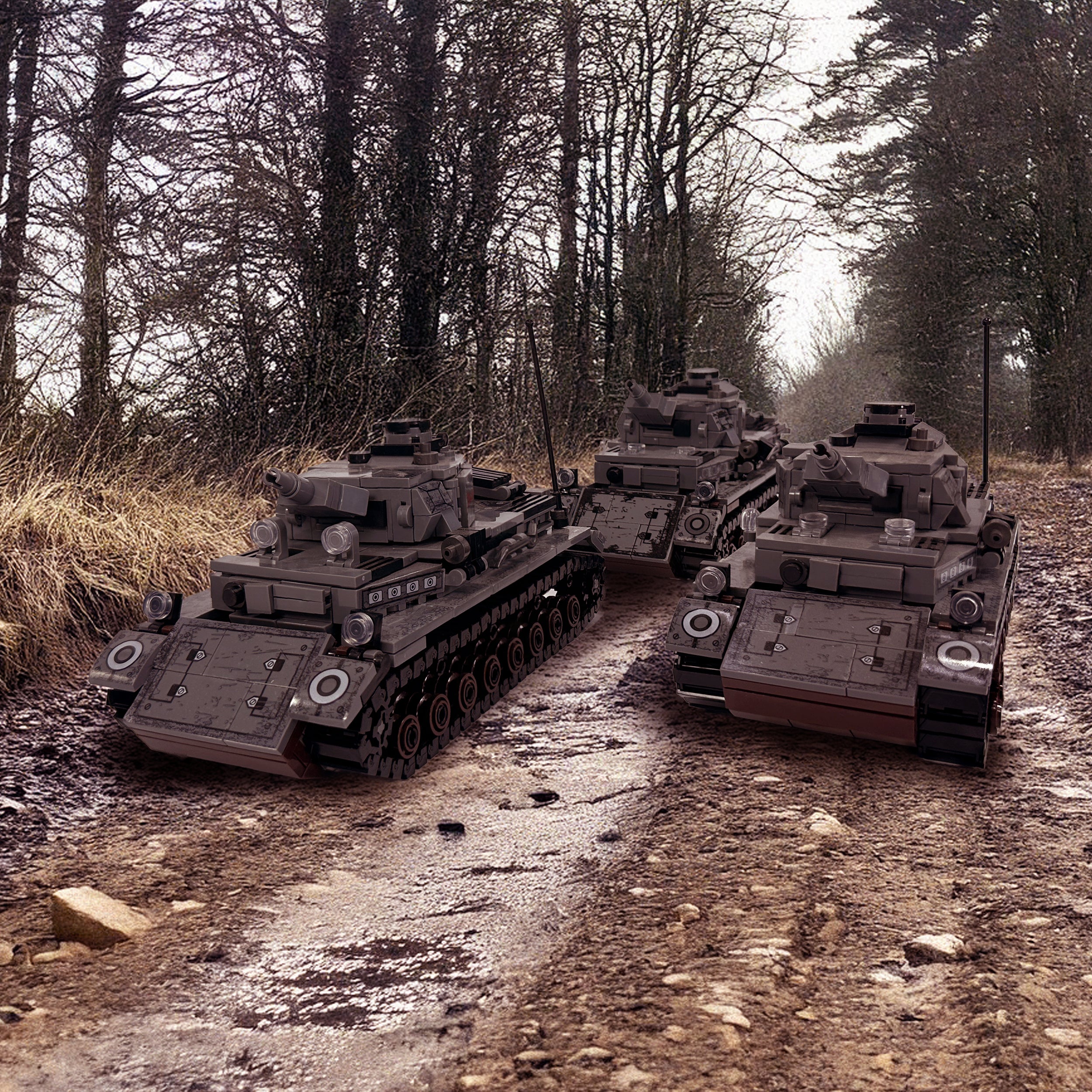 Three Panzer IV tanks advancing through a dense forest battle scene in WWII setting