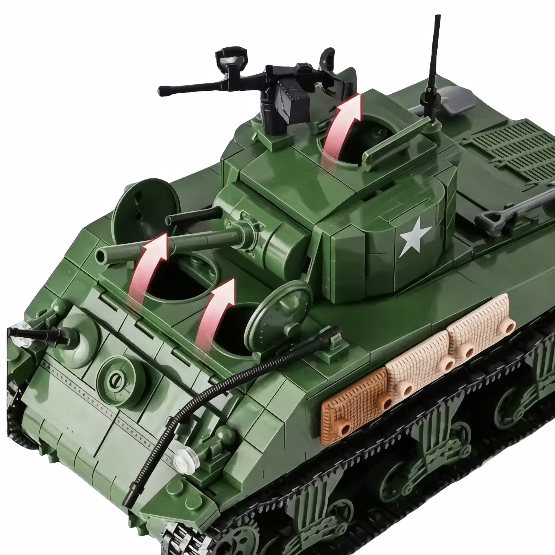 Top view of tank turret with arrows indicating hatch openings and access points for minifigurines or crew.