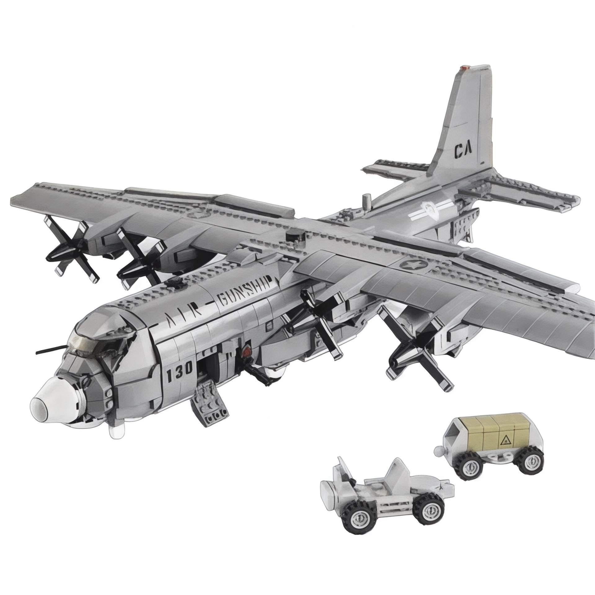 Gray AC-130 gunship building block model with four propellers, “AIR GUNSHIP” label, and two small support vehicles. 