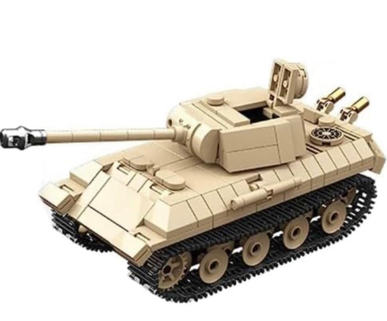 WW2 German tank model in tan bricks with realistic 1:48 scale design, shown on display with detailed turret and hatches