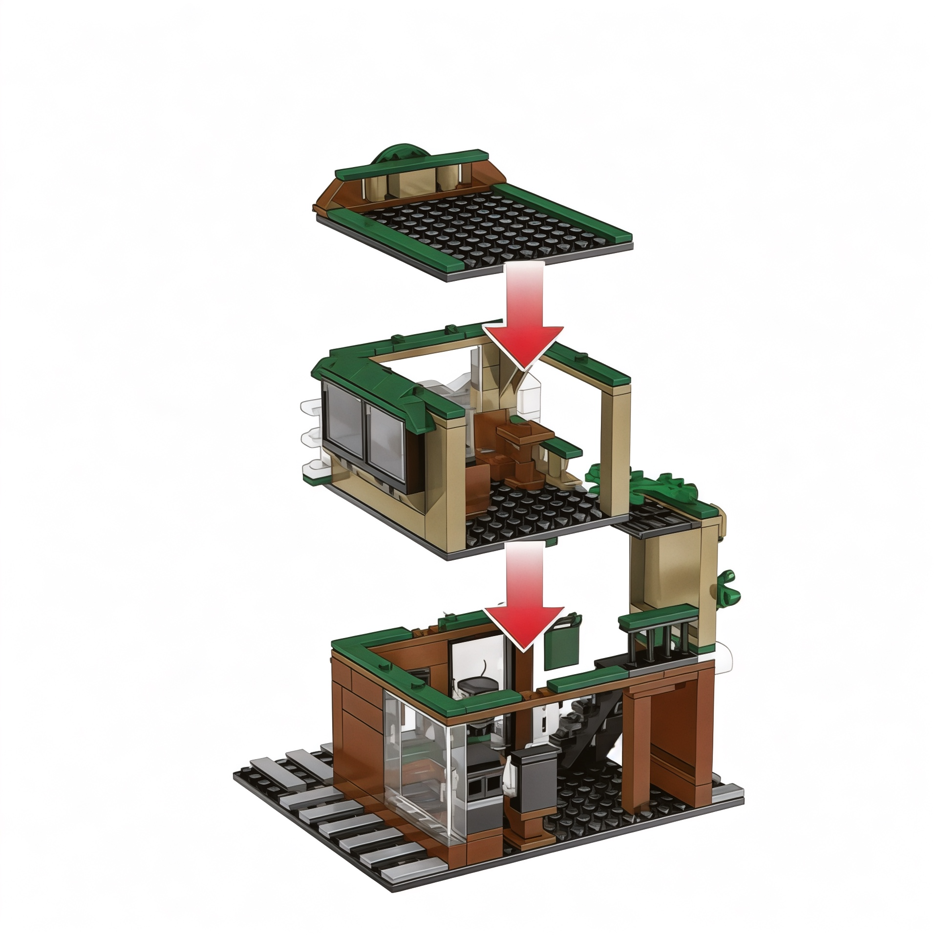 Assembly diagram showing how to stack and separate the floors of the Brew Star Café building block set