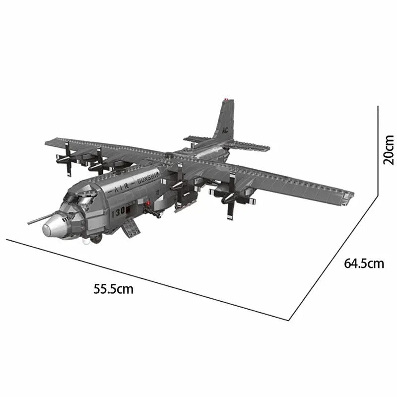 General Jim’s AC-130 Hercules Air Gunship Plane Building Blocks Set assembled size of 21.9" wide x 25.4" long x 7.9" tall (55.5 x 64.5 x 20 cm). 