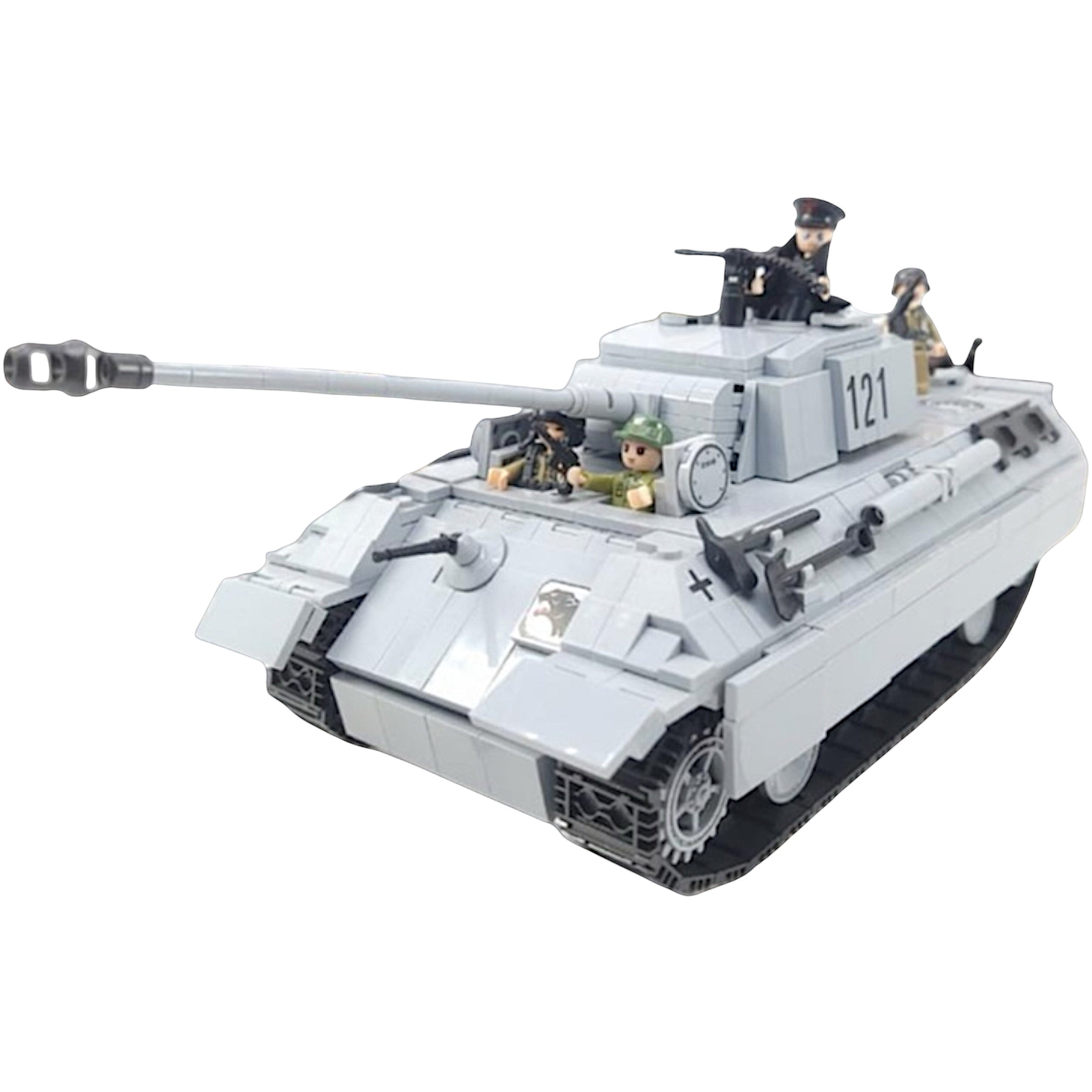 Alternate angled front view of General Jim’s Panther 121 WWII tank model showing build quality, tread detail, turret orientation, and external brick textures – perfect for adult collectors and military model hobbyists