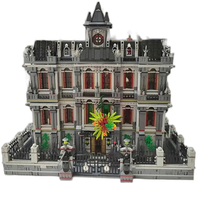 General Jim's 3-Level Lunatic Asylum Hospital Building Blocks Set , with arched windows, spiked fence, and a floral entrance decoration.