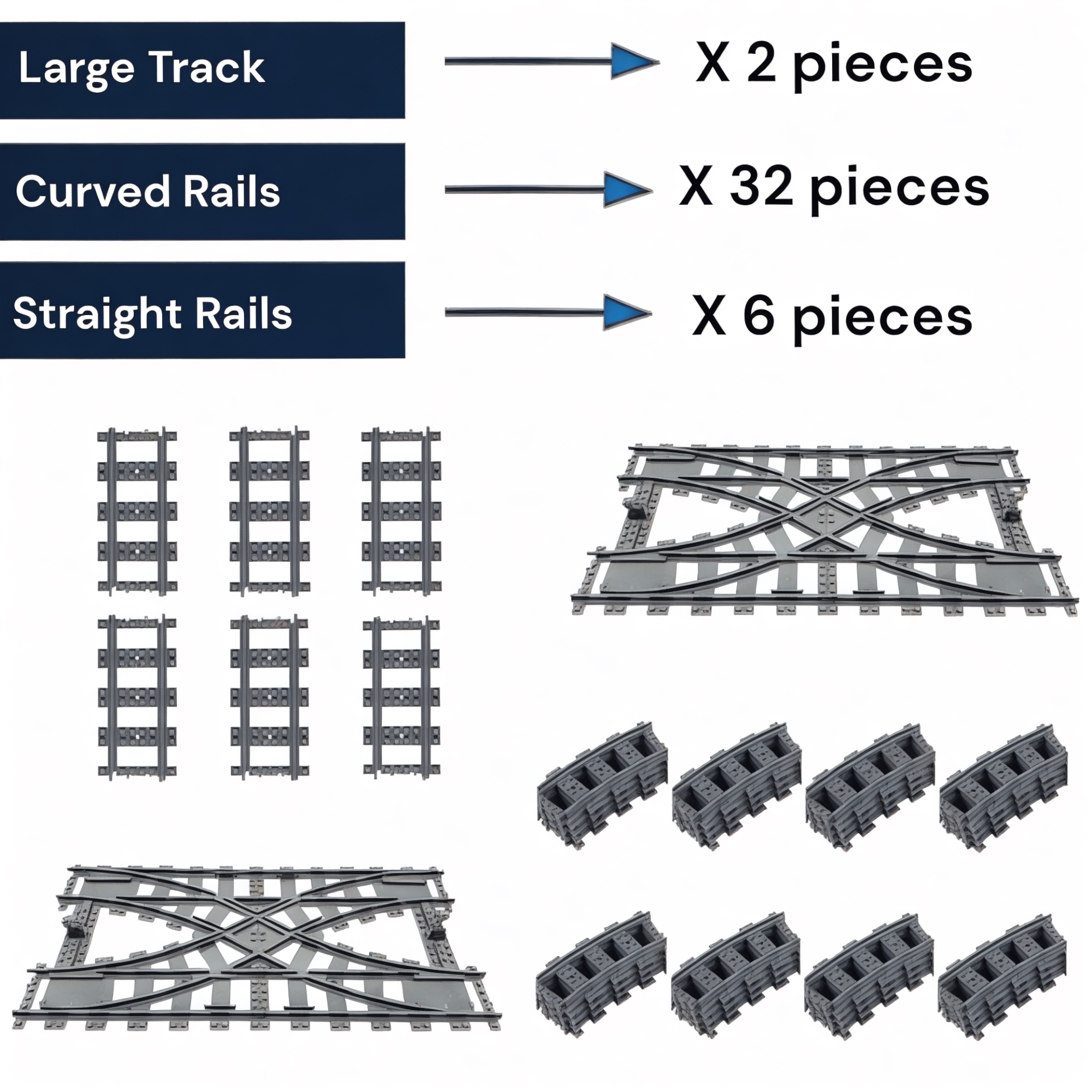 Railway Track Expansion Pack – 40 Pieces (2 Intersections + 32 Curved + 6 Straight) | General Jim's Toys & Bricks | GJA-TTS40