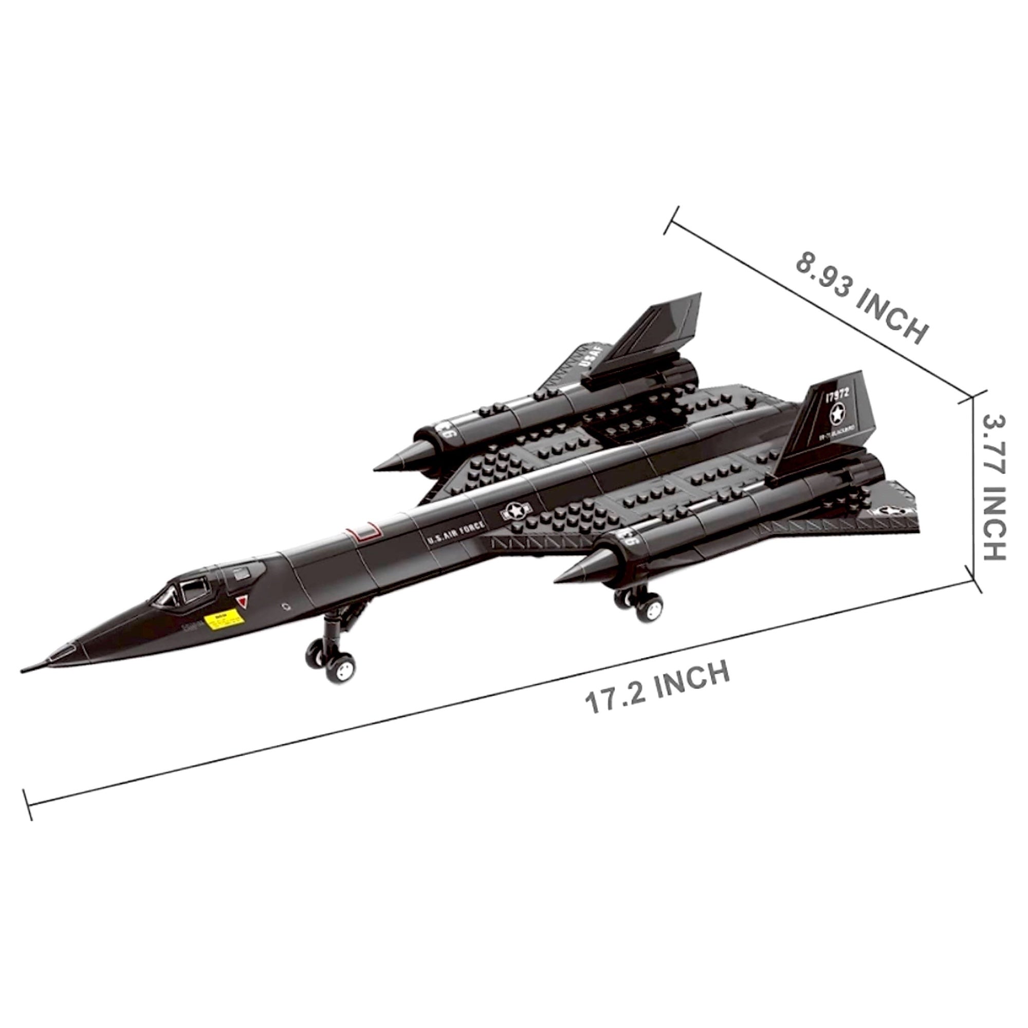 SR-71 Blackbird reconnaissance jet building set shown with labeled dimensions