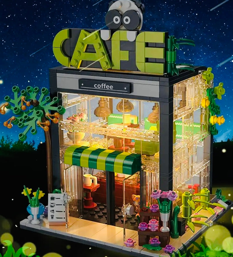 Panda Cafe Coffee House with Light Kit City Modular Building Blocks Brick Set