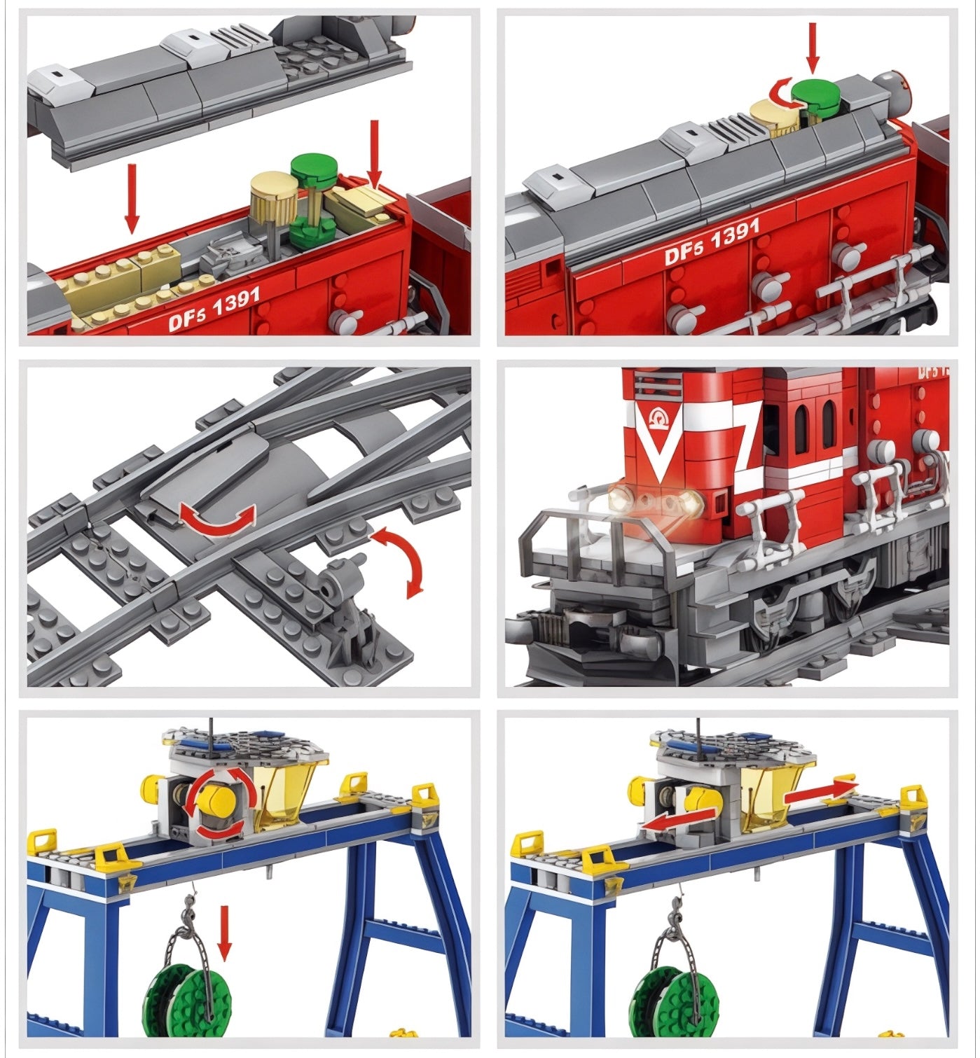 Instructional collage showing removable roof, control switches, working track switch, and cargo crane features.