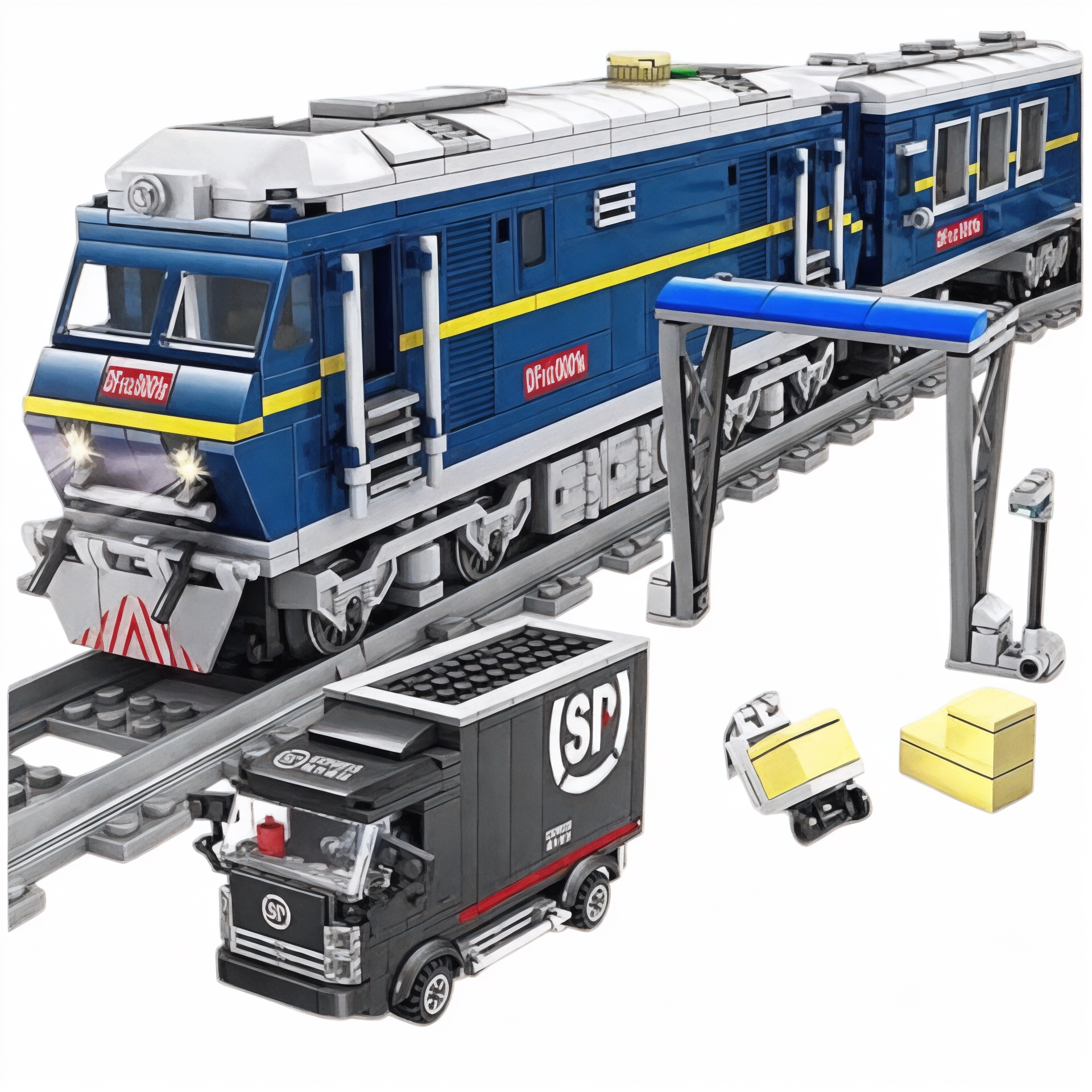 A set of building blocks depicting a blue diesel cargo train with tracks and a black truck with landing gear. The train set includes various brick colors and styles arranged to show a scene with the train on tracks and the truck off to the side.