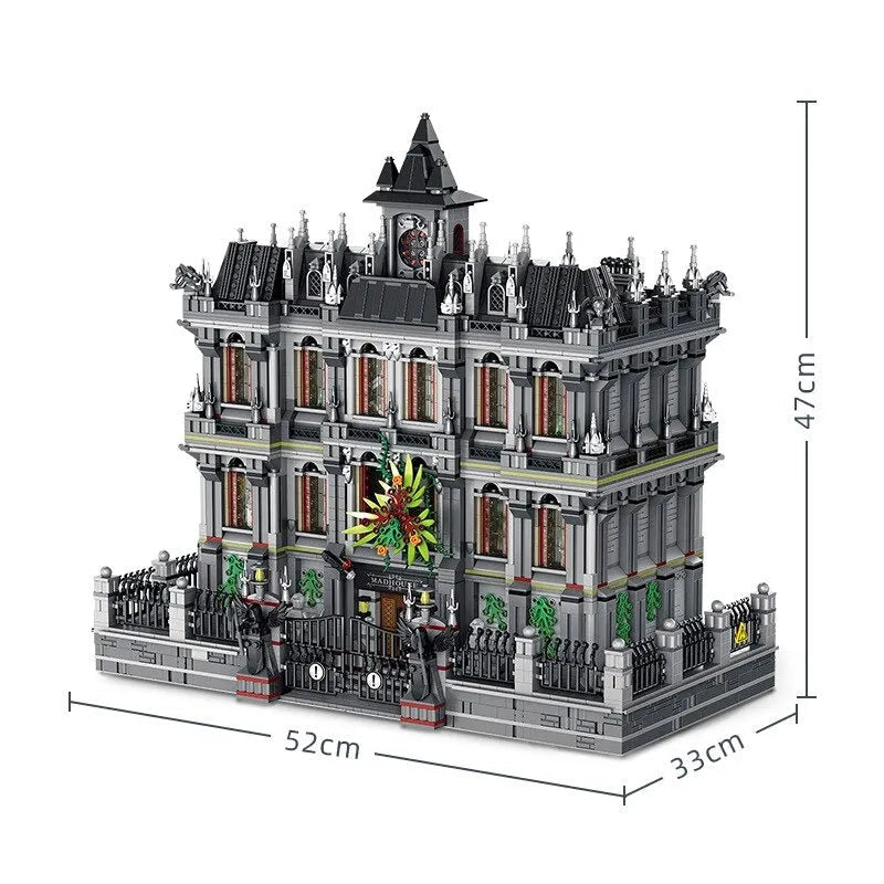 Three-level asylum hospital made with building blocks measuring 52 cm long, 33 cm wide, and 47 cm tall.