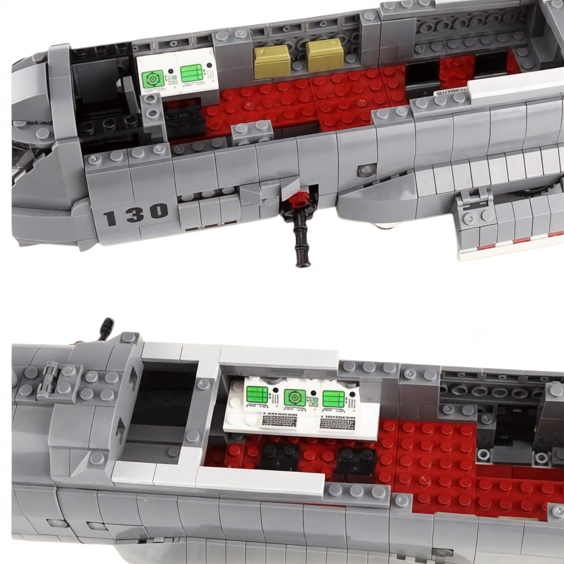 Interior view of AC-130 building block model with red flooring, control panels, and side-mounted gun. 