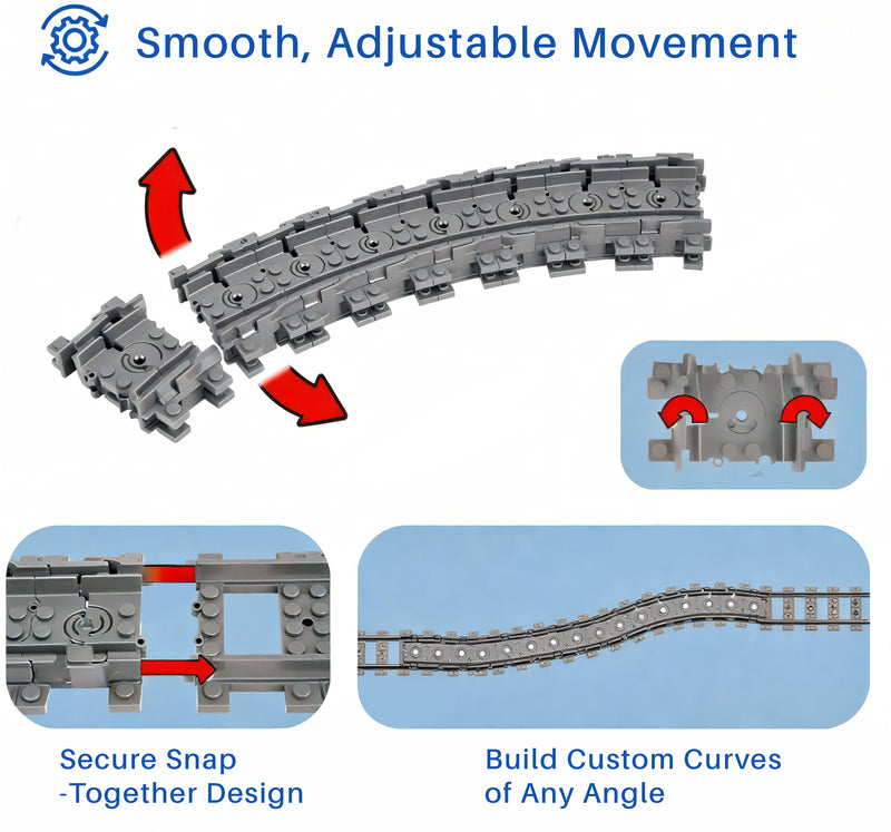 Diagram demonstrating how flex train tracks connect to create custom curves and railway layouts
