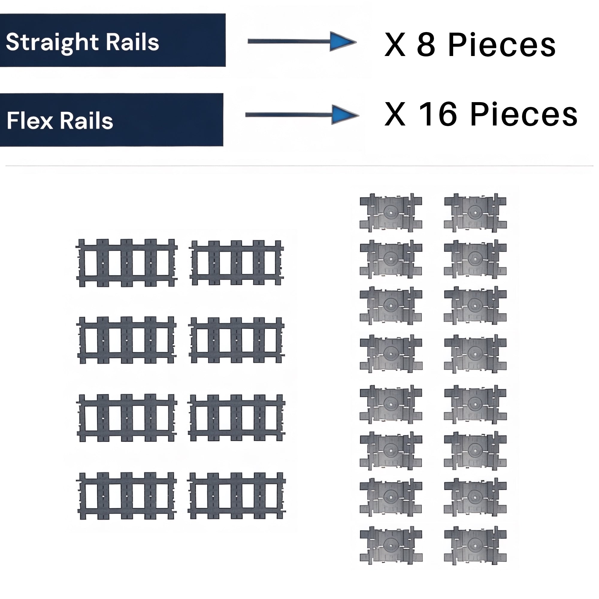 Image showing included pieces: 8 straight tracks and 16 flex tracks compatible with LEGO® City Trains and General Jim’s building sets
