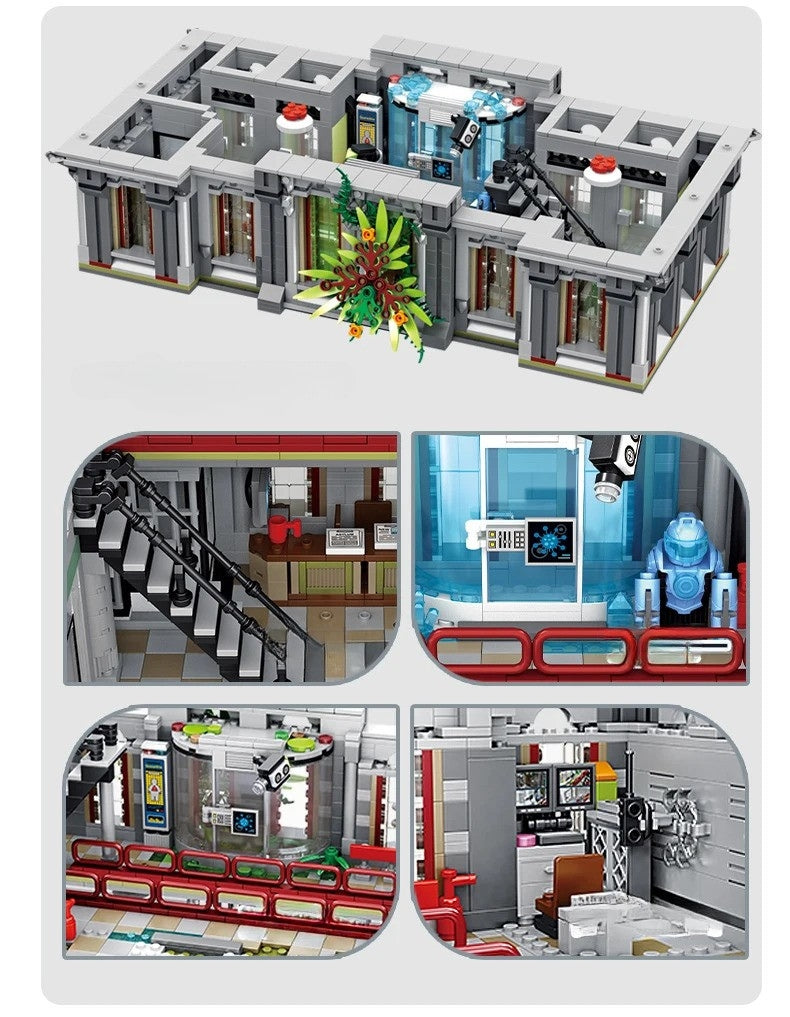 Spooky hospital made from interlocking bricks with removable floors, staircase, glass walls, security cameras, medical room.